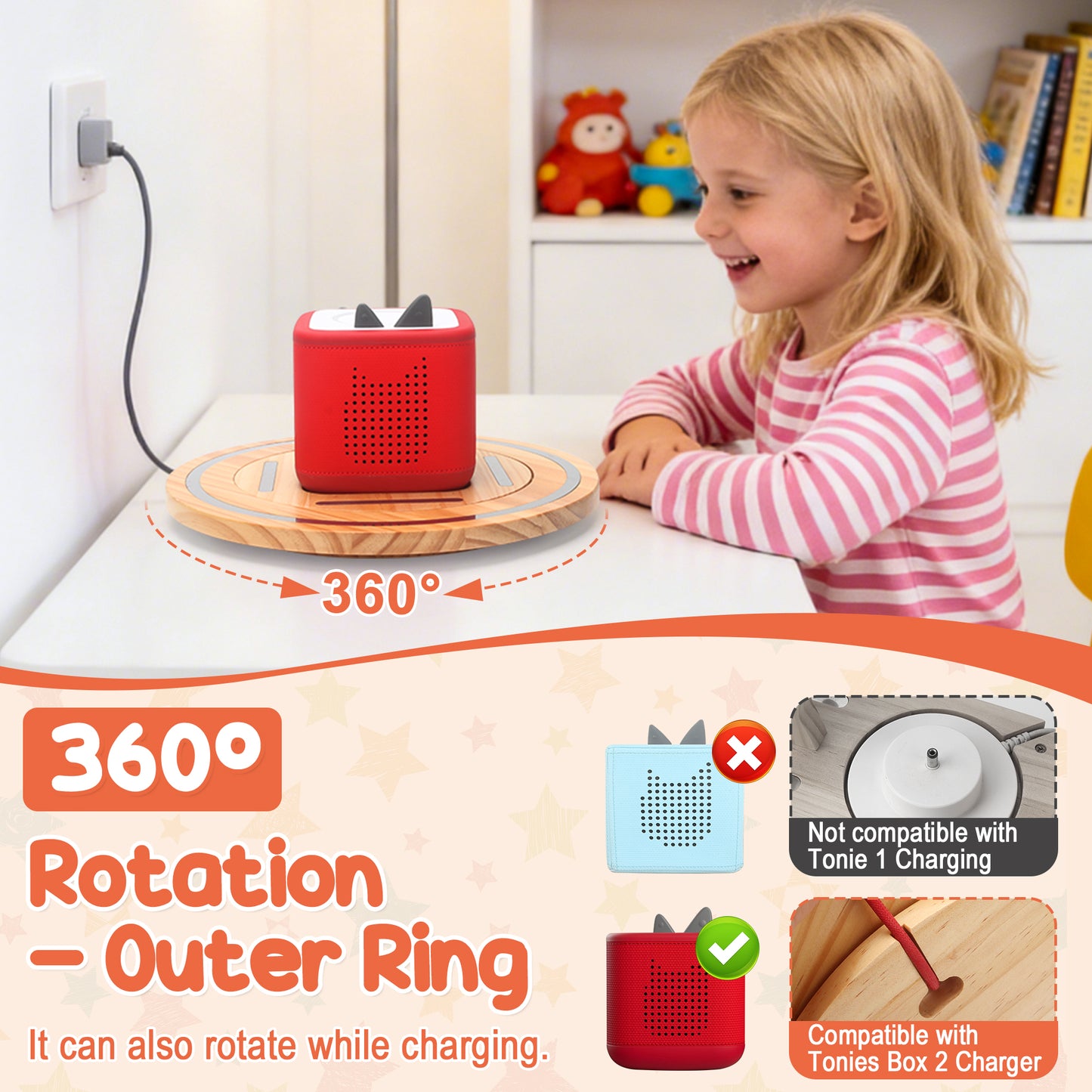 Kompatibel mit Tonies 360° drehbares magnetisches Ausstellungsregal – Rosa, fasst 20–30 Figuren, integrierter Ladeanschluss