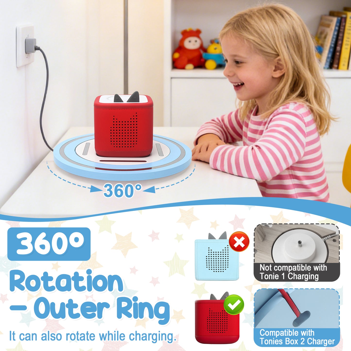 Kompatibel mit Tonies 360° drehbares magnetisches Ausstellungsregal – Rosa, fasst 20–30 Figuren, integrierter Ladeanschluss