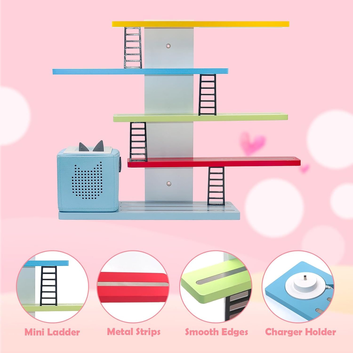 Wooden Hanging Shelf for Toniebox & Tonie Figures, Magnetic Wall Shelf for Kids, 12-35 Characters