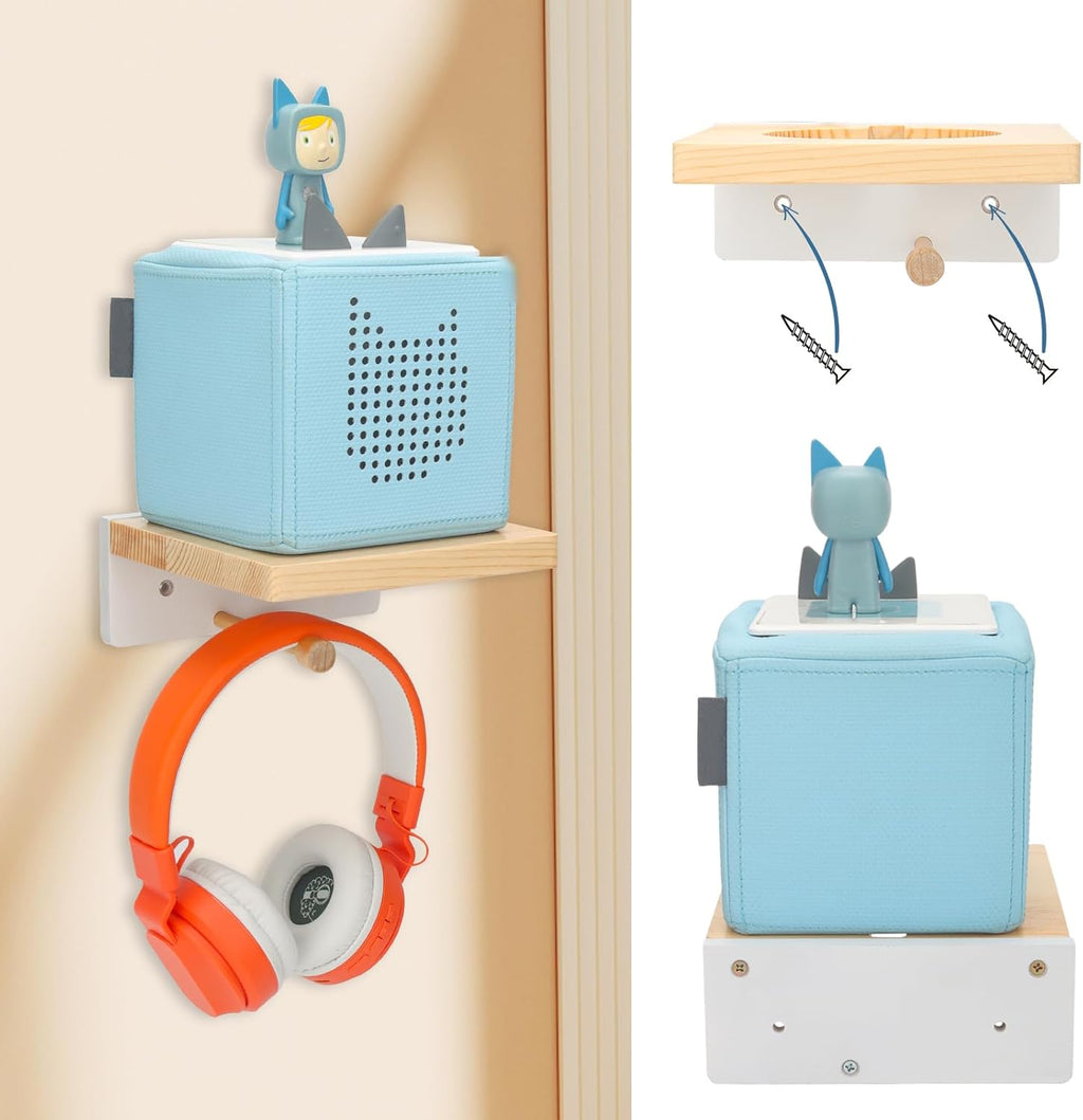 for Toniebox Starter Tonie Shelf Wall Mounted Set Wooden Floating Shelves Compatible with Tonie Box Player Headphones and Charging Station (Box Rack)