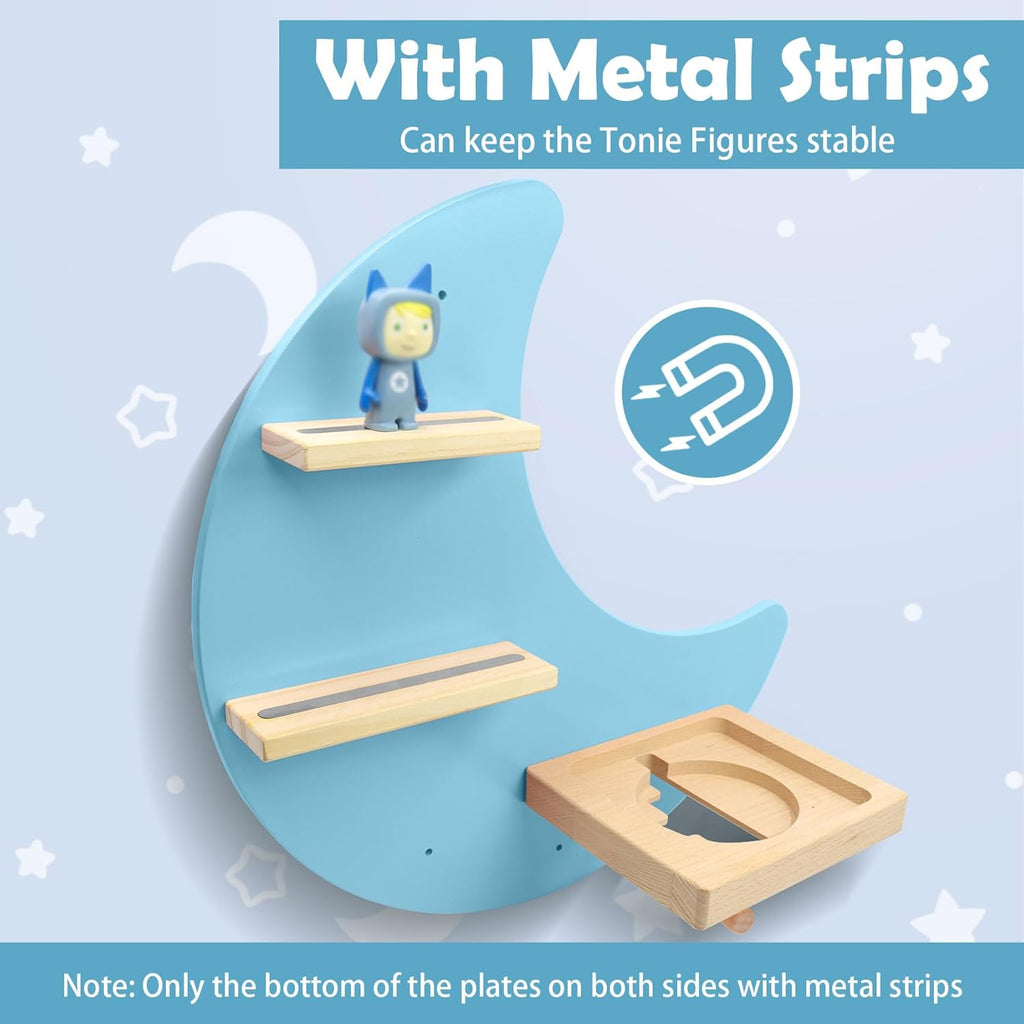 Shelf and Carrying Case for TonieBox 2/1 and Tonie (Bag,Moon and 3 Stars) ,Tonies Figures Tonies Storage,Magnetic Wooden Floating Shelves Compatible with Tonie box Player Character for Children Room