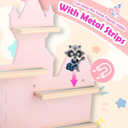Magnetisches Holz-Regal kompatibel mit Tonies – Rosa Schloss | Wandmontage, passend für Audio-Player 1 & 2