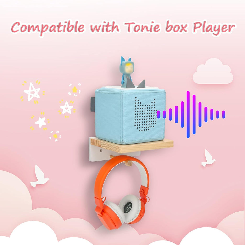 for Toniebox Starter Tonie Shelf Wall Mounted Set Wooden Floating Shelves Compatible with Tonie Box Player Headphones and Charging Station (Box Rack)