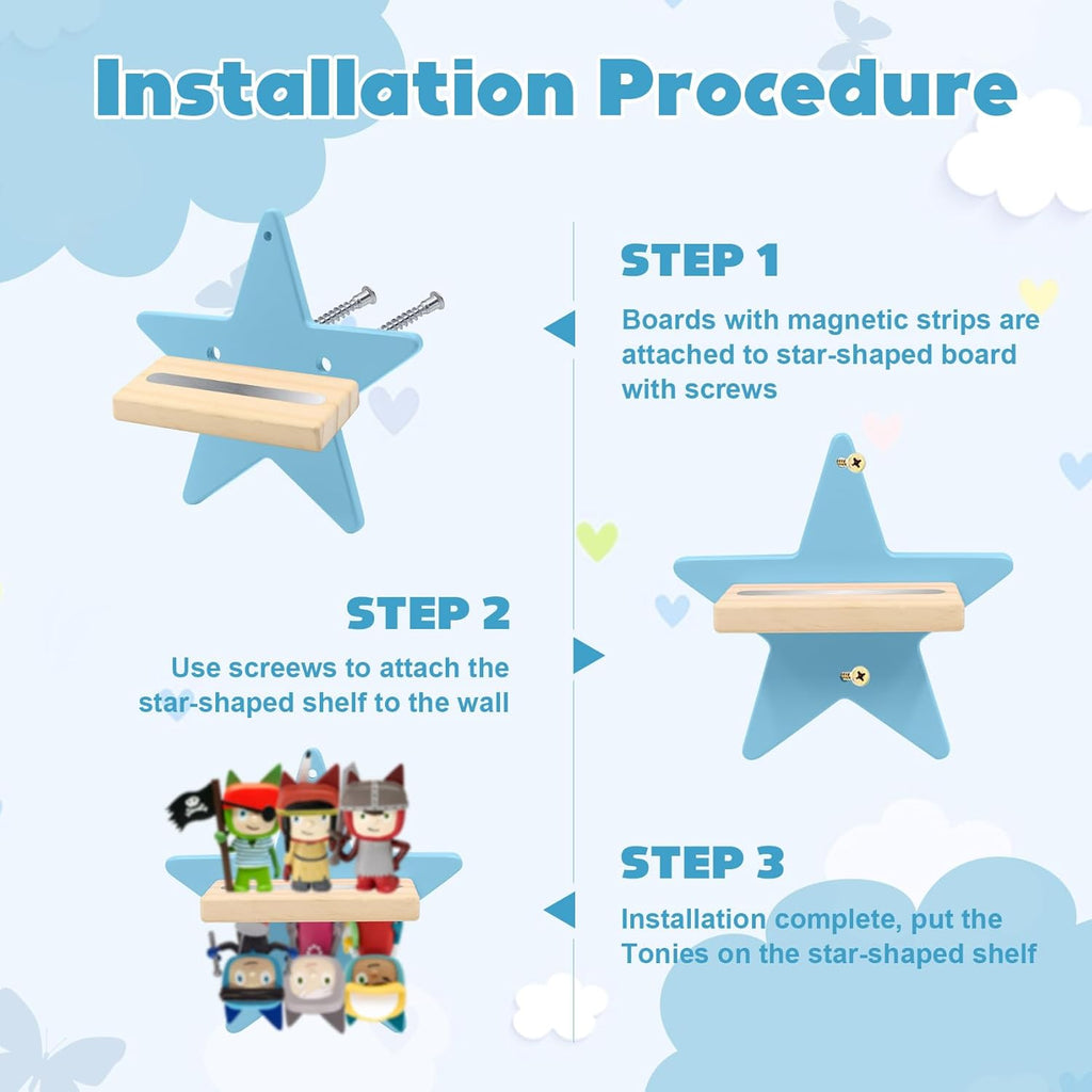Shelf Wall Mount for Toniebox Tonie Figures Character,Star Magnetic Wooden Shelf Compatible with Tonie Audio Toniebox Starter Set
