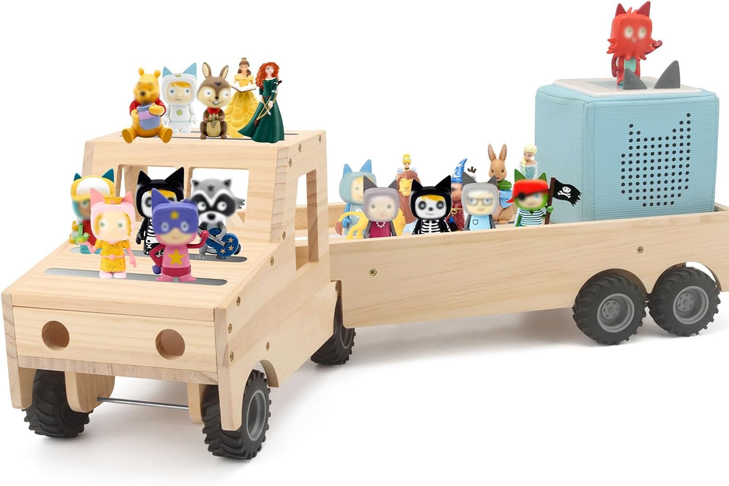 Storage & Play Car for Toniebox and Tonie Figures Storage Shelf (Wooden Trailer), Magnetic Shelves Compatible with Tonie Box Player Character for Children Room (Natural, Car)