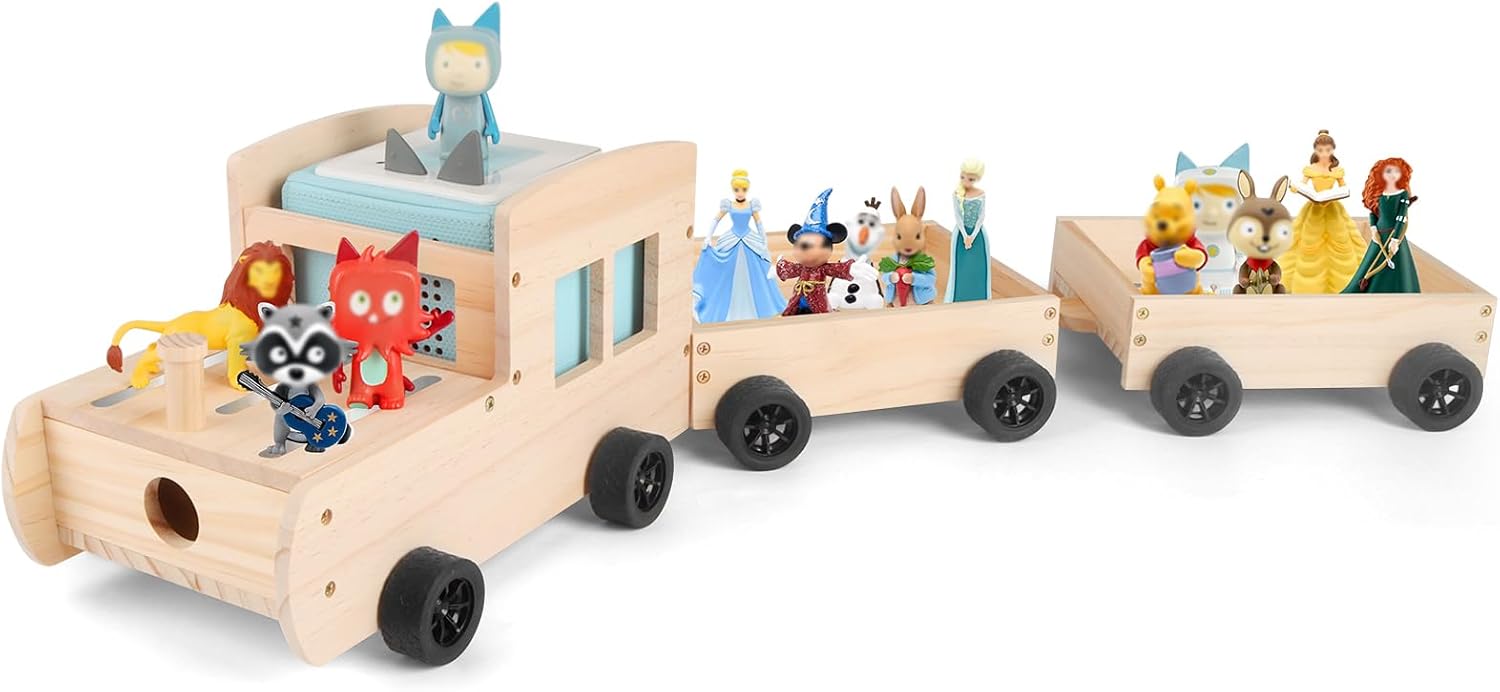 Storage & Play Car for Toniebox and Tonie Figures Storage Shelf (Wooden Trailer), Magnetic Shelves Compatible with Tonie Box Player Character for Children Room (Natural, Car)