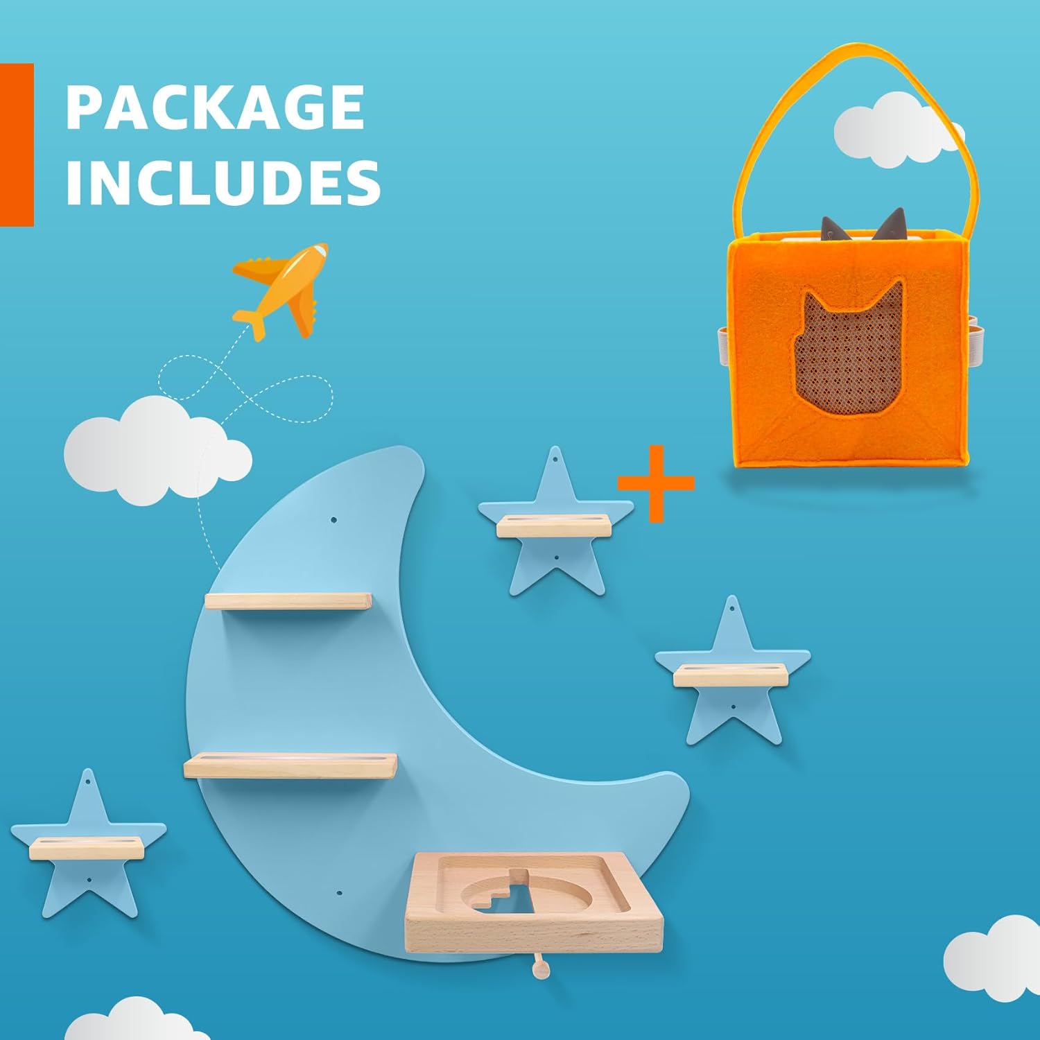 Shelf and Carrying Case for TonieBox 2/1 and Tonie (Bag,Moon and 3 Stars) ,Tonies Figures Tonies Storage,Magnetic Wooden Floating Shelves Compatible with Tonie box Player Character for Children Room