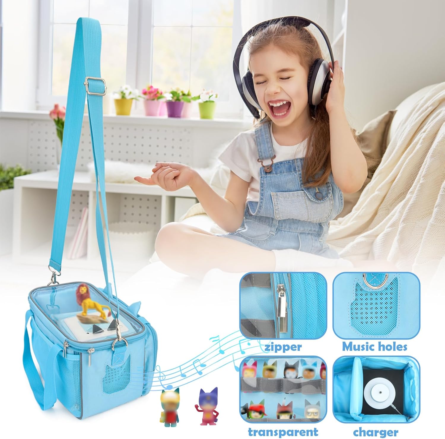 Carrying Case for Toniebox, Tonie Characters Figures, Toniebox Starter Set Headphones Charging Station Bag (Blue)