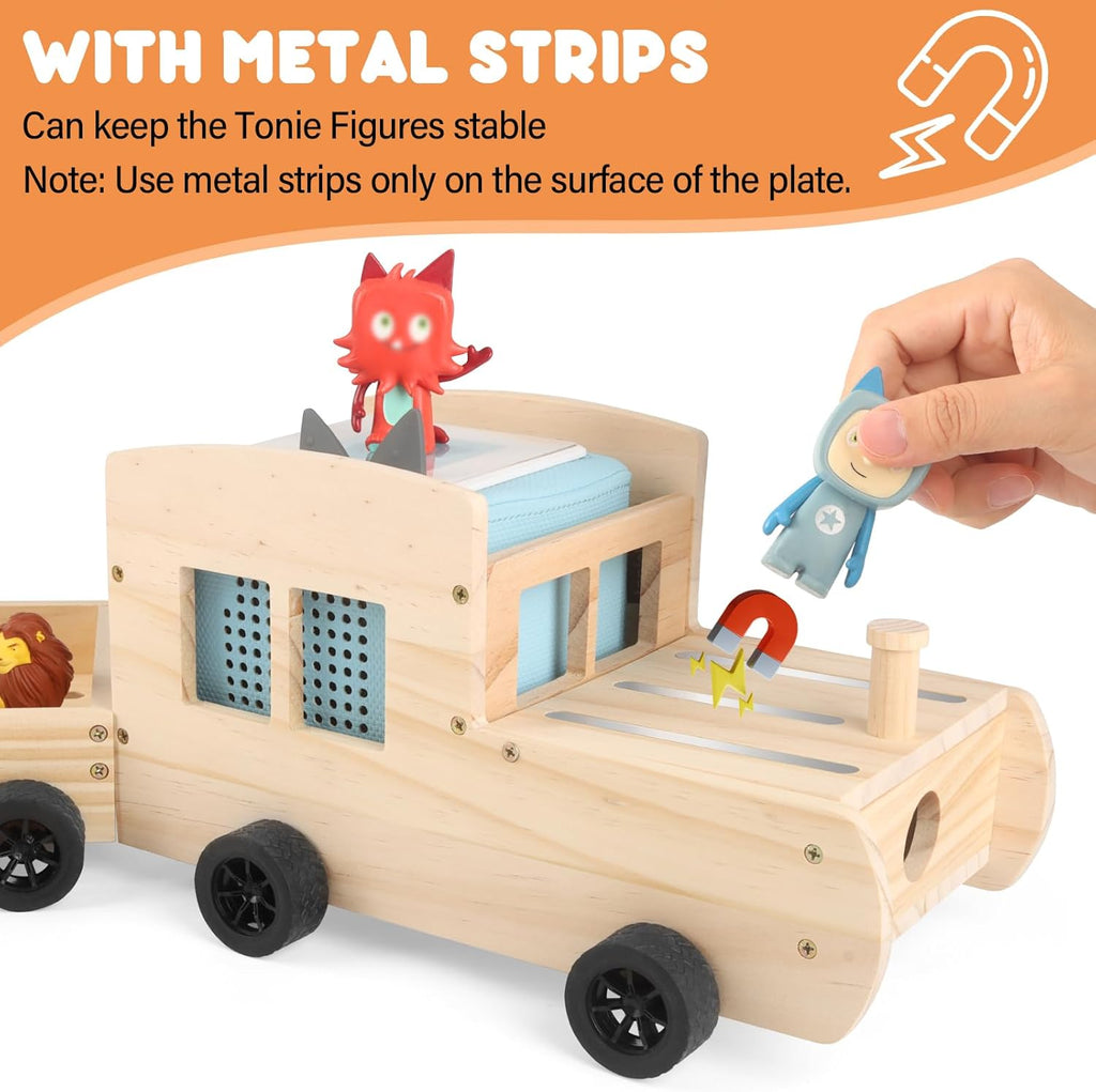 Storage & Play Car for Toniebox and Tonie Figures Storage Shelf (Wooden Trailer), Magnetic Shelves Compatible with Tonie Box Player Character for Children Room (Natural, Car)
