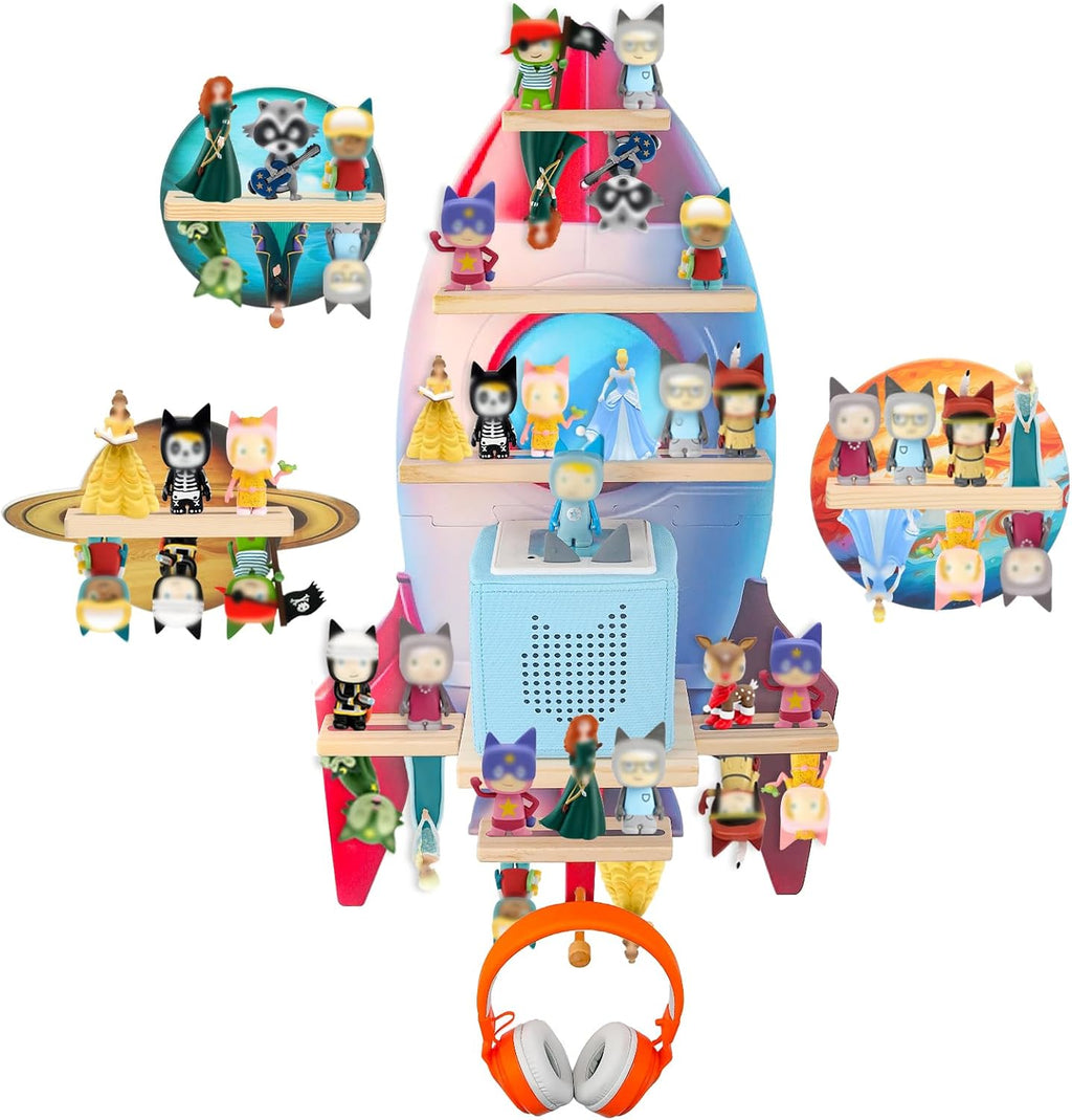 for Toniebox 2/1 Tonie Shelf Wall Mounted Set of 4,Tonies Figures Tonies Storage,Magnetic Wooden Floating Shelves Compatible with Tonie Box Player Character for Children Room