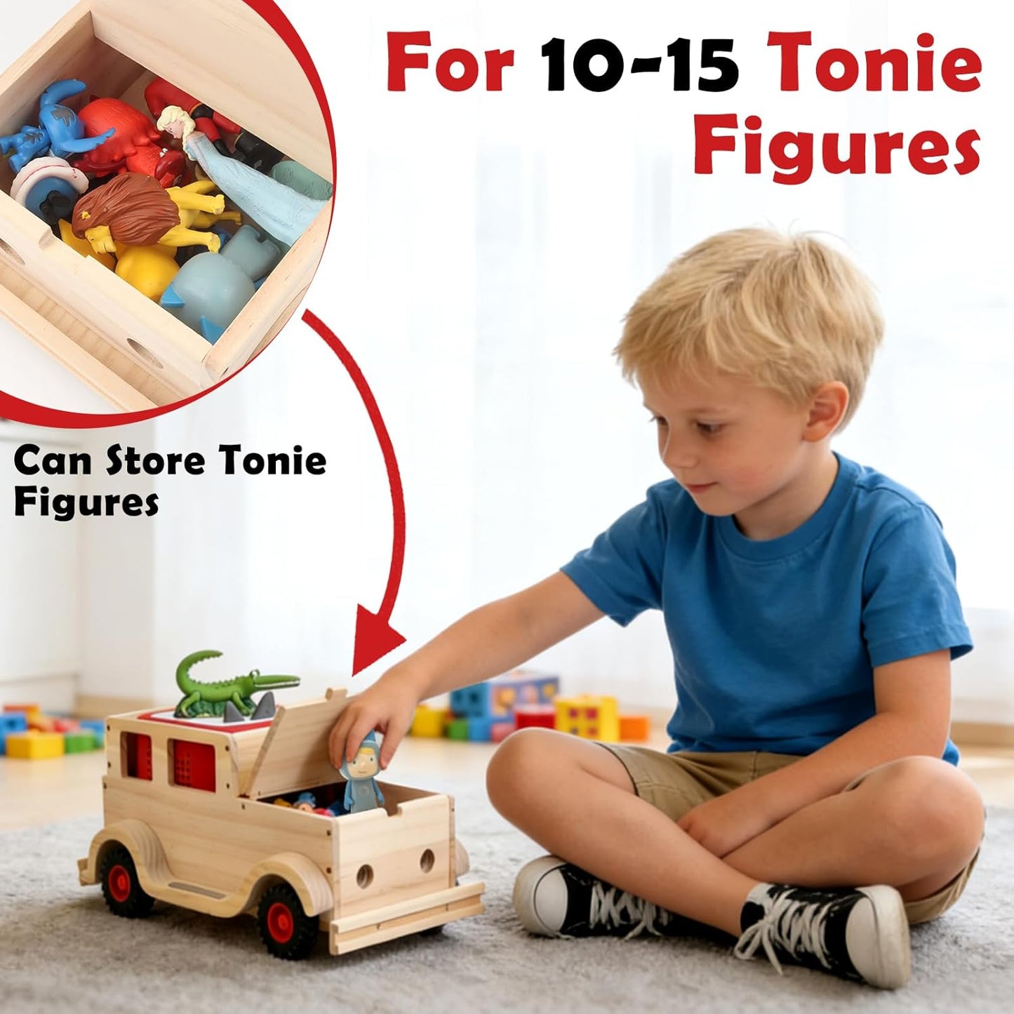 Hölzernes schwebendes Präsentationsregal, kompatibel mit Tonies – magnetisch, passend für Audio Player 1 & 2 (Natur, Auto)