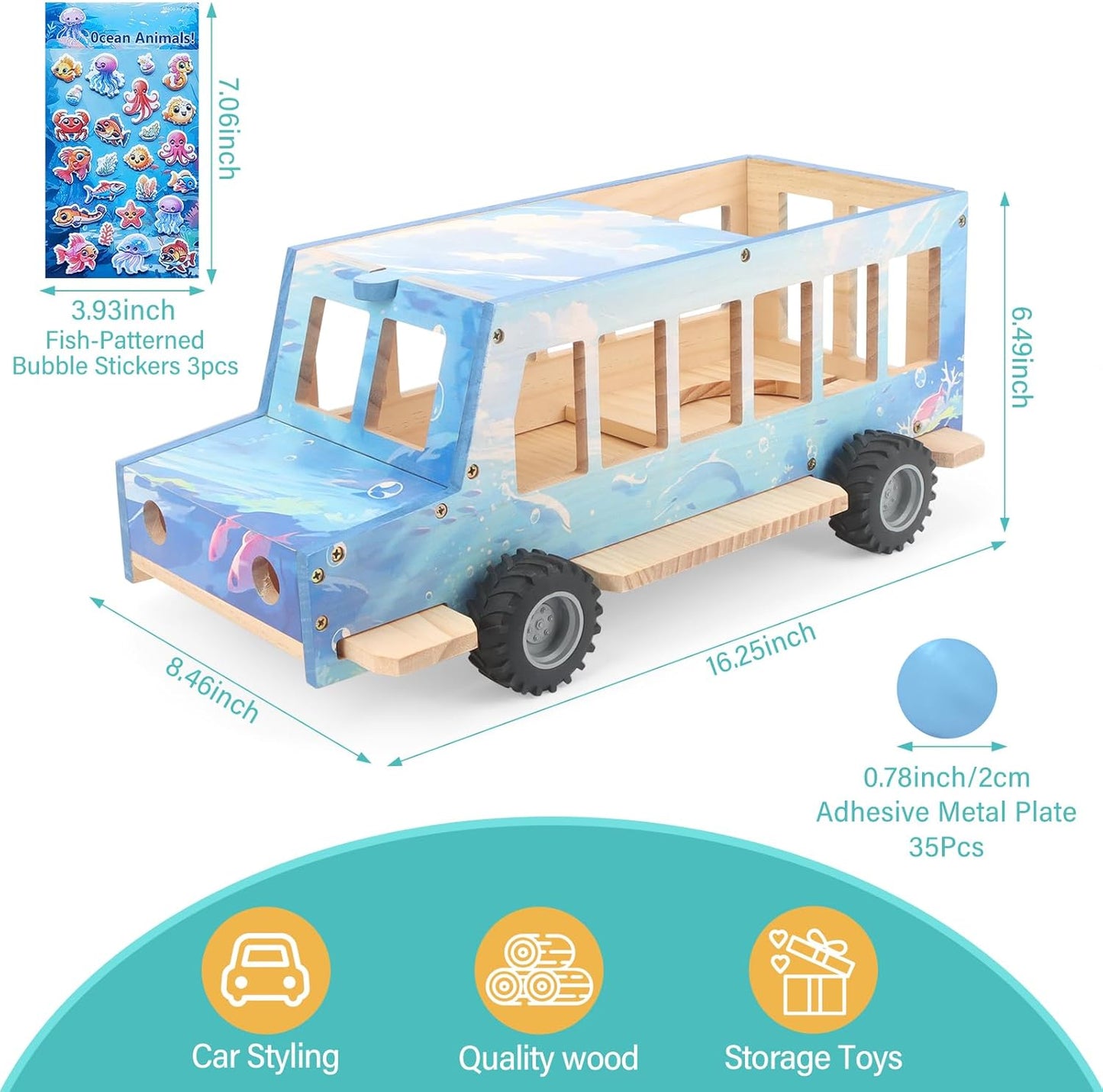 Kompatibel mit Tonies Holz-Ozean-Autoregal – Rollendes Display, fasst 15–25 Figuren, inklusive 35 Metallplatten + 3 Aufkleber