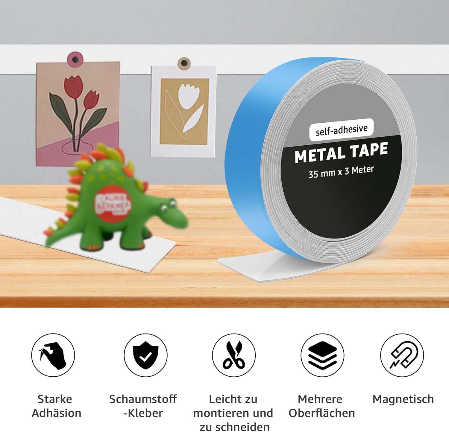 Metal Tape Self Adhesive,Thin Metal Strip,Ferrous Tape for Magnets, Tonies Figures Shelf (Diameter 13mm/3M)