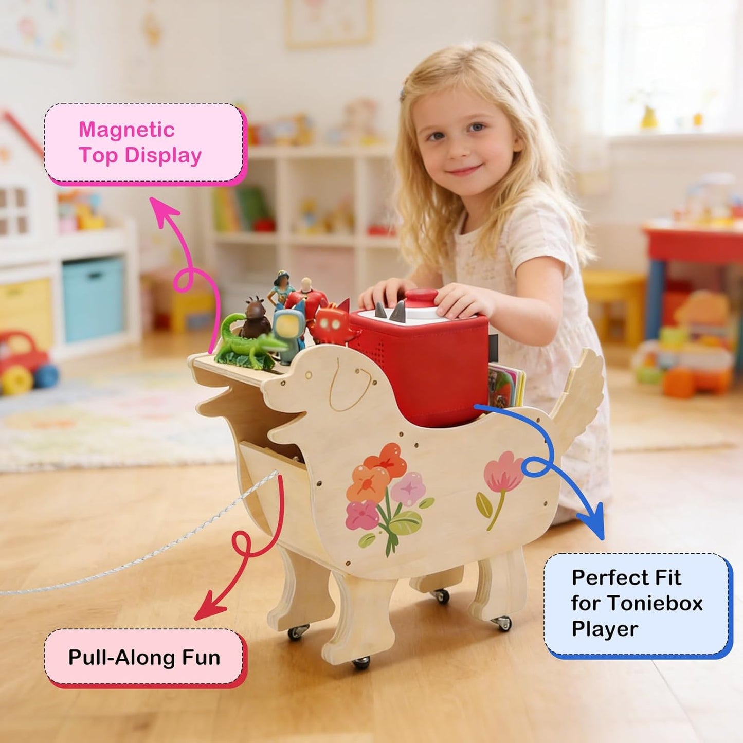 Kompatibel mit Tonies Holz-Rollhund Aufbewahrungsregal – Nachziehtier, Fasst über 50 Figuren + Zubehör