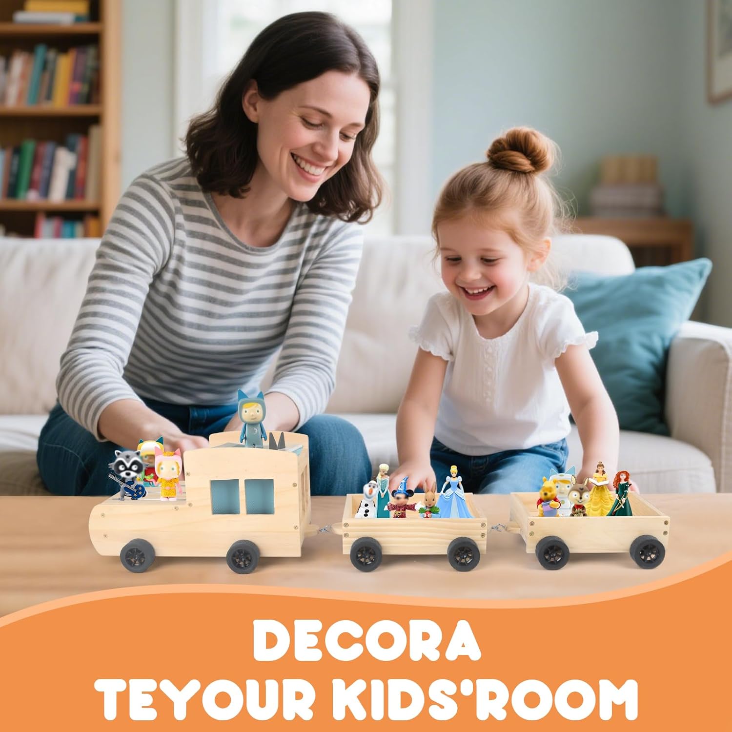 Storage & Play Car for Toniebox and Tonie Figures Storage Shelf (Wooden Trailer), Magnetic Shelves Compatible with Tonie Box Player Character for Children Room (Natural, Car)