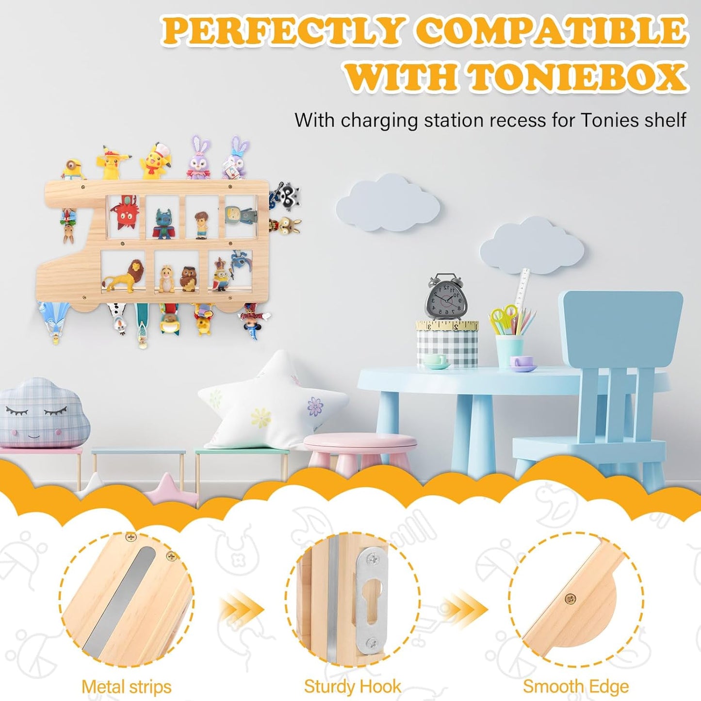 Compatible with Tonies Wooden Bus Shelf – Wall Mounted, Holds 15–25 Figures