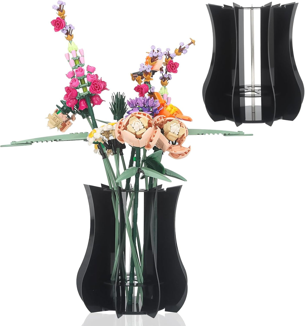 Vase Holder fit for Lego Flowers Bouquet - Acrylic Puzzle Vase fit for Lego Botanical Collection Building Set, Adult Gift Display Stand for Roses Orchid Sunflower Tulips Daffodils Lotus (Black)