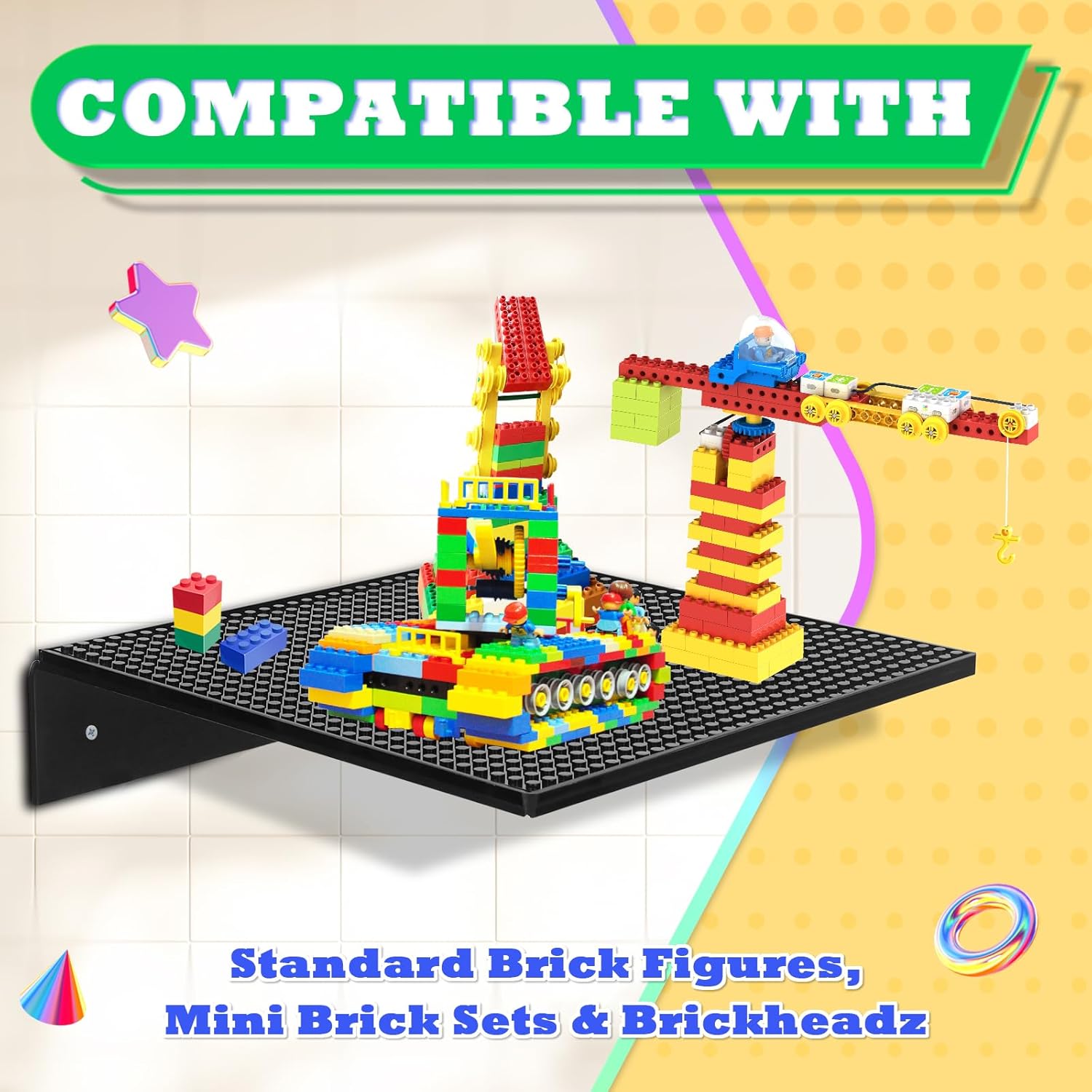 2 Pack Display Shelves for Building Bricks,Display Case Compatible with All Toy Block Brands -Acrylic Floating Shelf Display with Brick Building Baseplate, Figure Display Cabinet Wall Mount