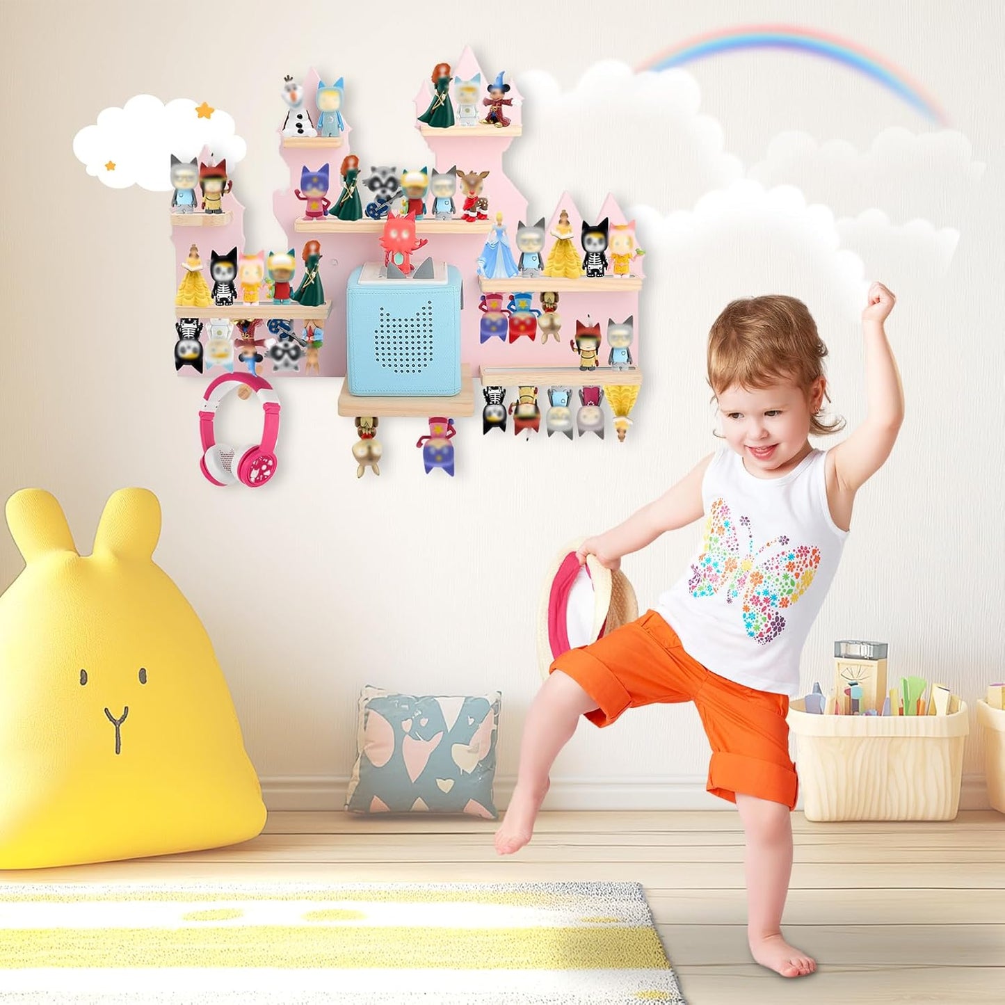 Magnetisches Holz-Regal kompatibel mit Tonies – Rosa Schloss | Wandmontage, passend für Audio-Player 1 & 2