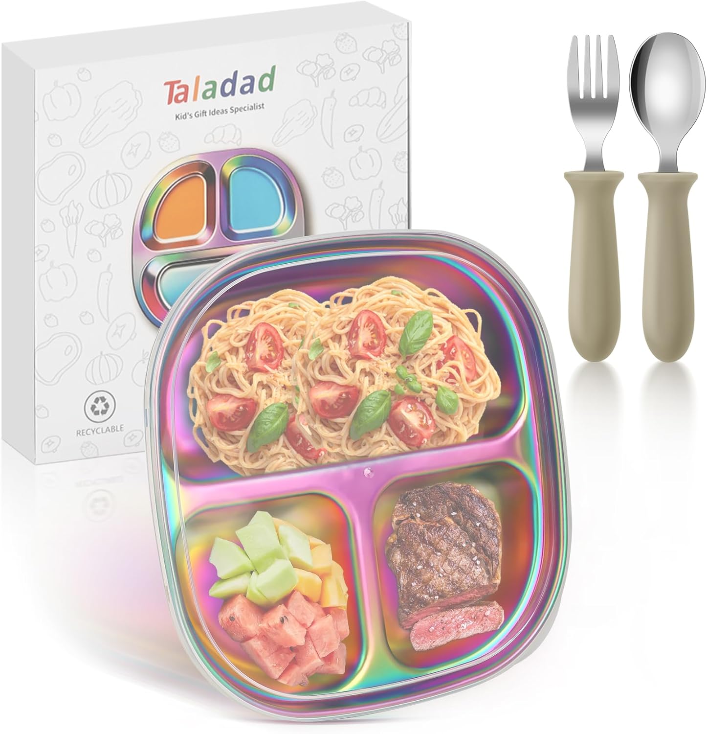 Stainless Steel Kids Plates, Kids Toddlers Babies Tray, Balanced Bites Divided Plates for Toddlers, BPA Free, Portion Control Plate, Dinner Snack, 3 Compartment Plate