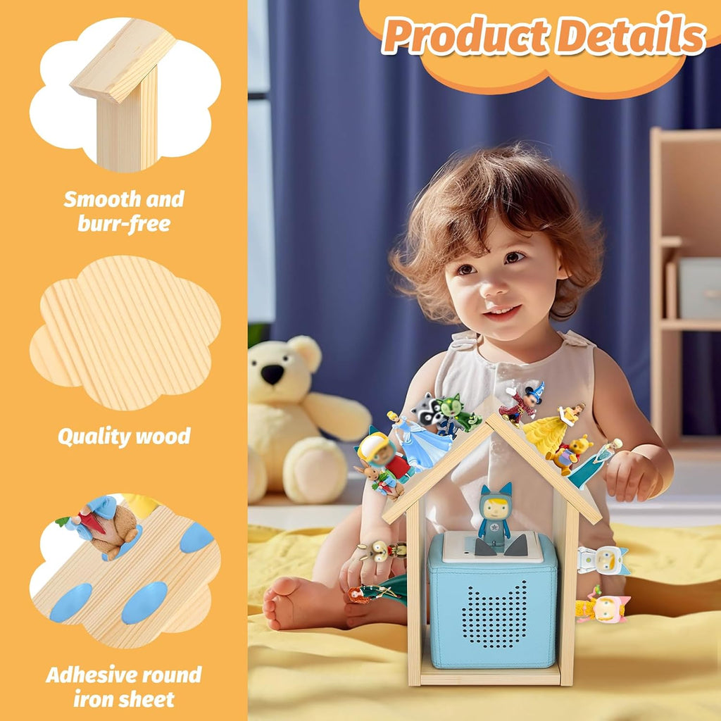 for TonieBox 2/1 Tonies Figures Characters Shelf with 35Pcs Adhesive Metal Plate for Creative Tonie Box Magnetic Storage Wooden Shelf for Kids (Natural)