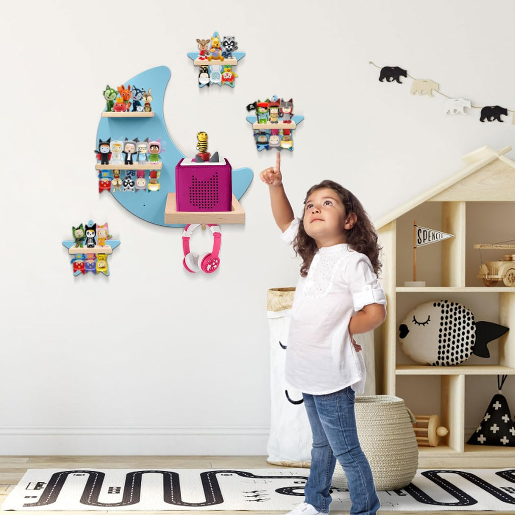 Shelf and Carrying Case for TonieBox 2/1 and Tonie (Bag,Moon and 3 Stars) ,Tonies Figures Tonies Storage,Magnetic Wooden Floating Shelves Compatible with Tonie box Player Character for Children Room