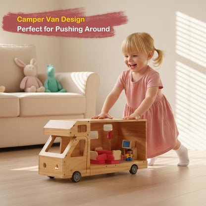 Wohnmobil Puppenhaus aus Holz – Rollendes Wohnmobil mit kompletter Möbelausstattung