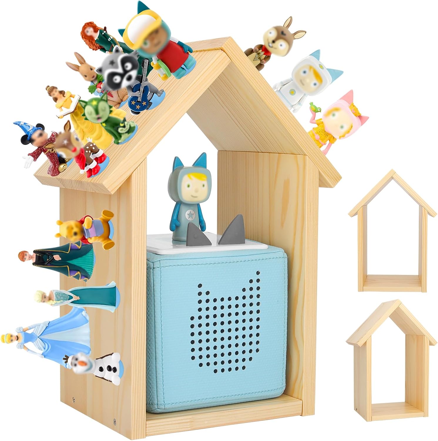 for TonieBox 2/1 Tonies Figures Characters Shelf with 35Pcs Adhesive Metal Plate for Creative Tonie Box Magnetic Storage Wooden Shelf for Kids (Natural)