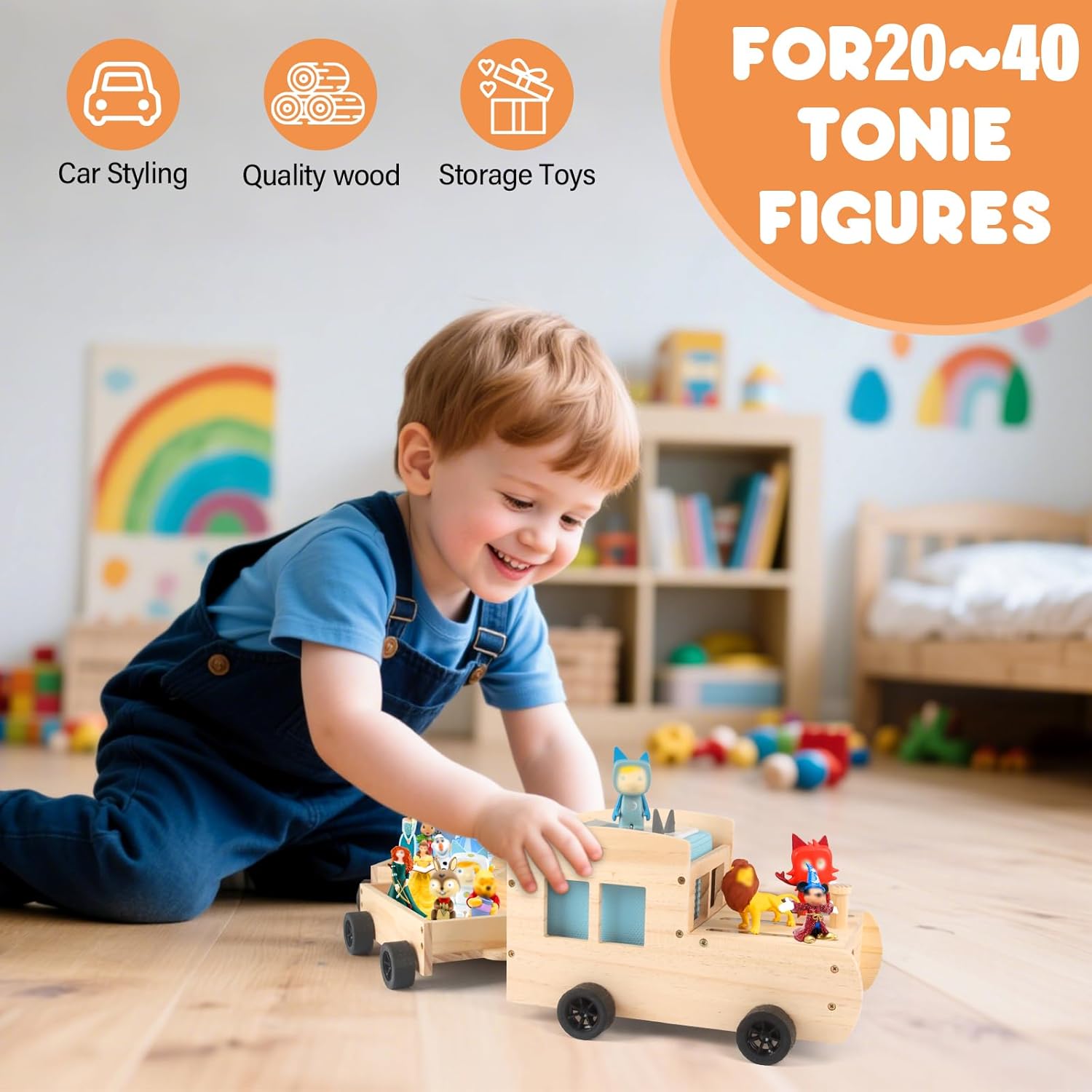 Storage & Play Car for Toniebox and Tonie Figures Storage Shelf (Wooden Trailer), Magnetic Shelves Compatible with Tonie Box Player Character for Children Room (Natural, Car)