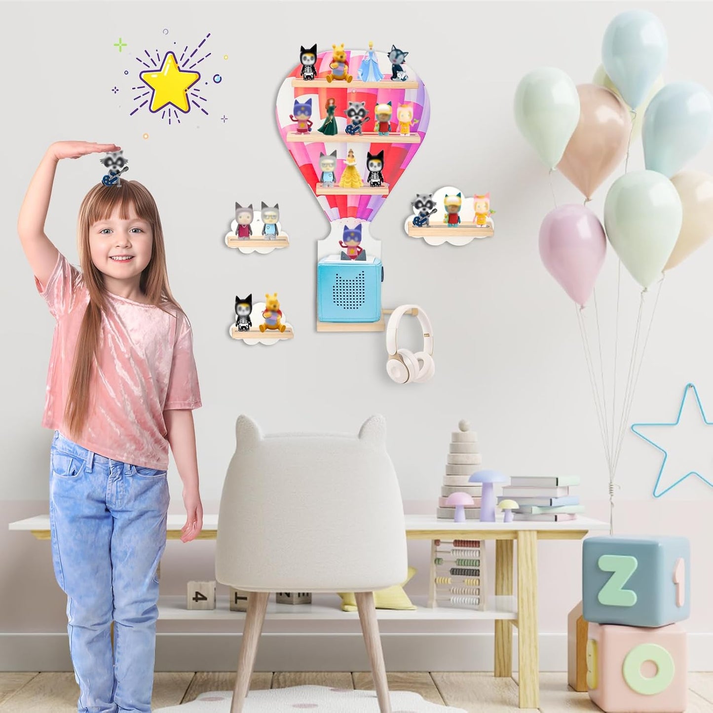 Präsentationsregal-Set mit 4 Regalen, kompatibel mit Tonies – Ballon & Wolken, Wandmontage