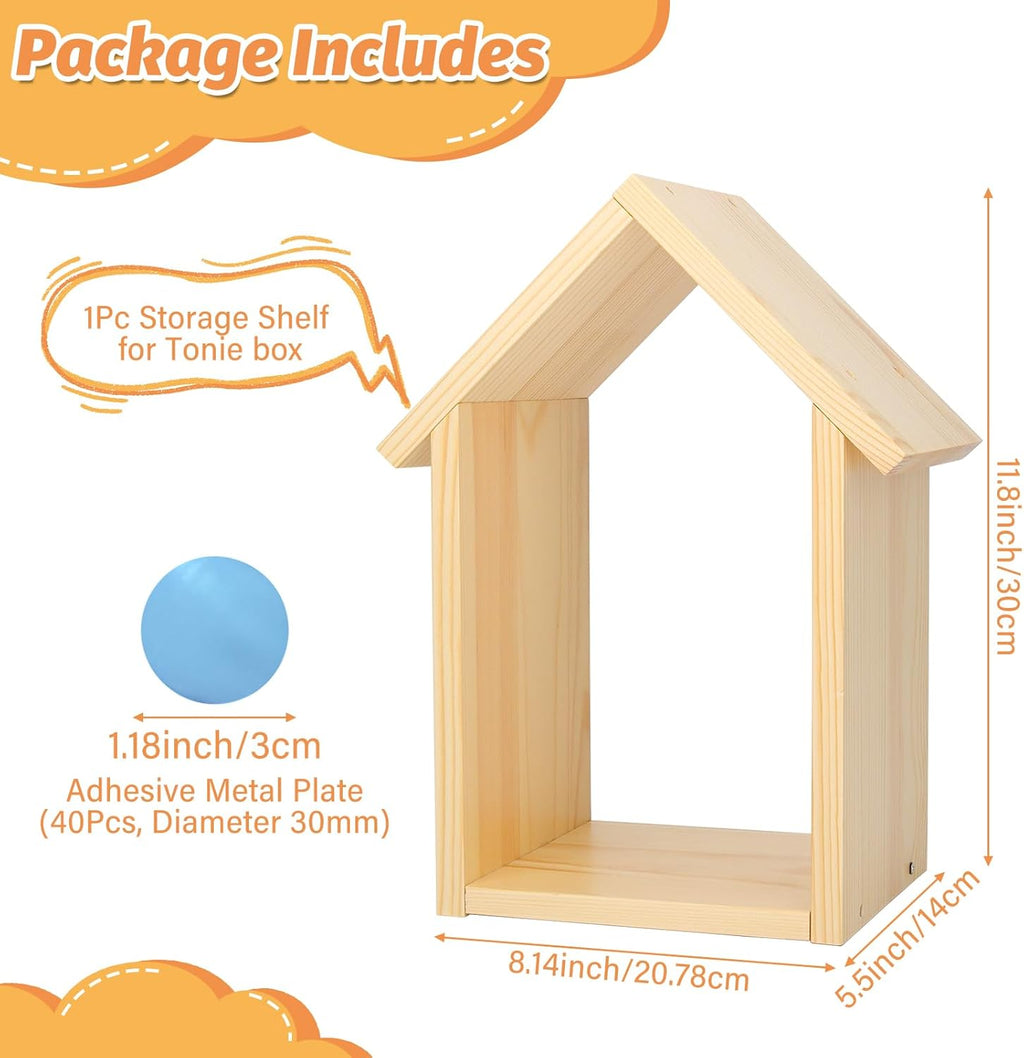 for TonieBox 2/1 Tonies Figures Characters Shelf with 35Pcs Adhesive Metal Plate for Creative Tonie Box Magnetic Storage Wooden Shelf for Kids (Natural)