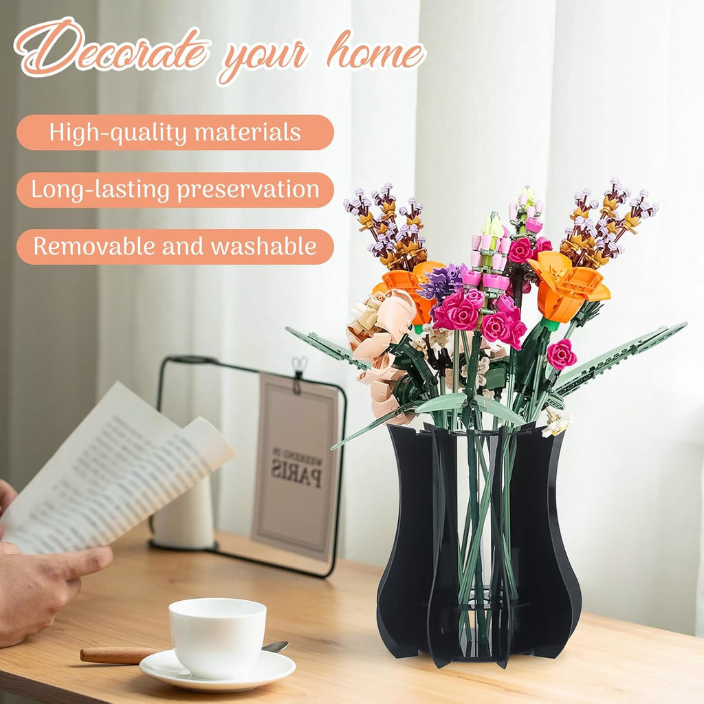 Vase Holder fit for Lego Flowers Bouquet - Acrylic Puzzle Vase fit for Lego Botanical Collection Building, Adult Gift Display Stand for Roses Orchid Sunflower (Black)