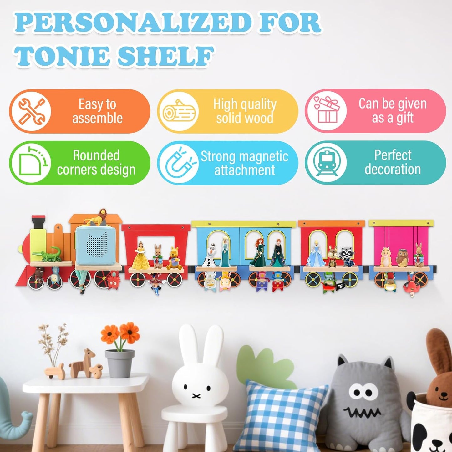 Kompatibel mit Toniebox Holz-Regal – Bunt, Wandmontage, fasst 30–40 Figuren