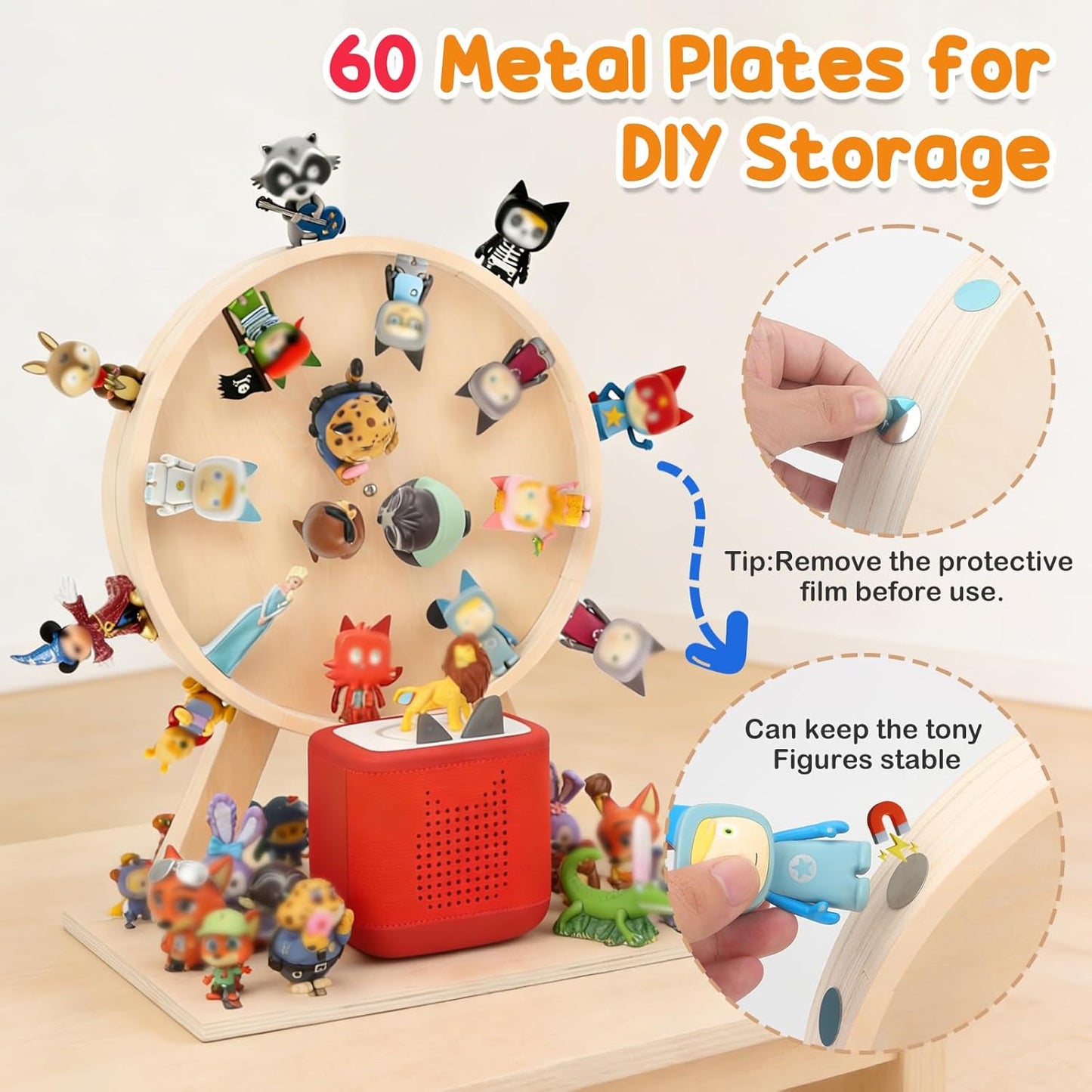 360° Rotating Ferris Wheel Display Shelf Compatible with Tonies – Holds 80+ Figures, Includes 60 Metal Plates