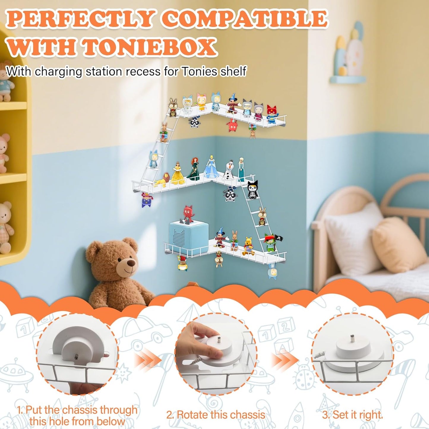 Compatible with Tonies Magnetic Ladder Shelf – 90° Corner, Wall Mounted, Holds 30–40 Figures (Iron)