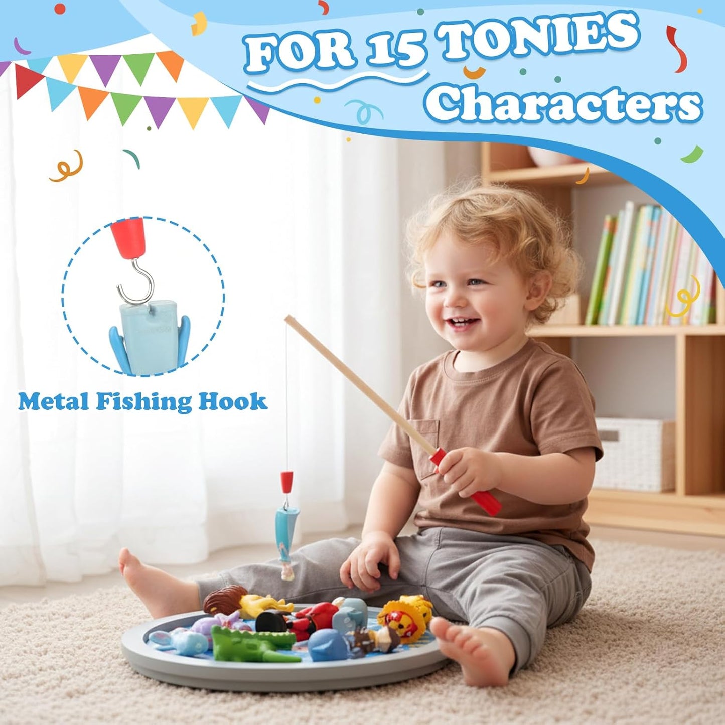 Kompatibel mit Tonies 360° drehbares magnetisches Präsentationsregal – Ozean-Thema, inklusive Angelspiel-Zubehör