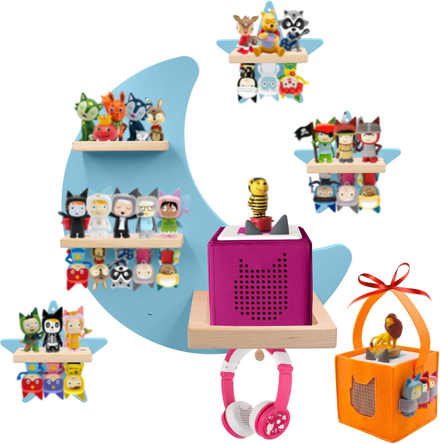 Shelf and Carrying Case for TonieBox 2/1 and Tonie (Bag,Moon and 3 Stars) ,Tonies Figures Tonies Storage,Magnetic Wooden Floating Shelves Compatible with Tonie box Player Character for Children Room