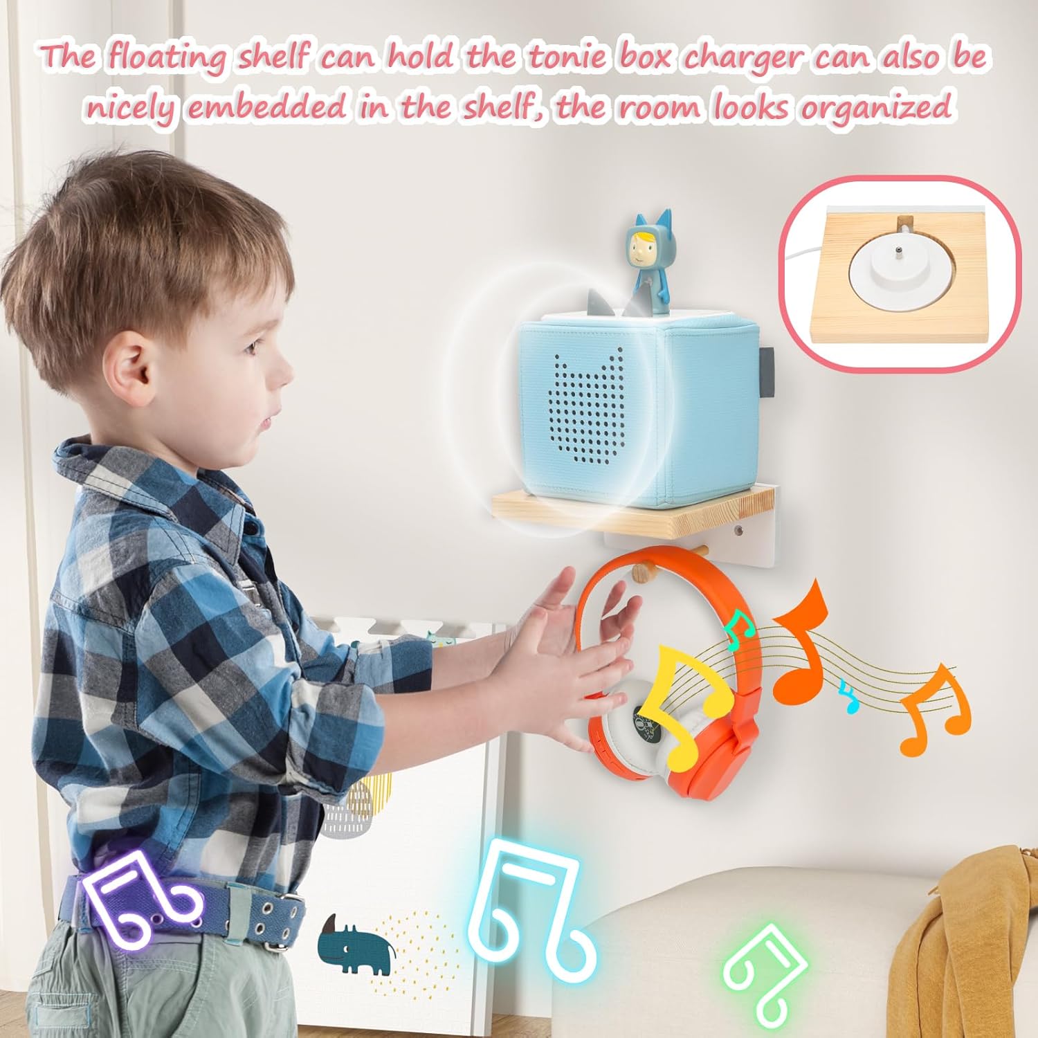 for Toniebox Starter Tonie Shelf Wall Mounted Set Wooden Floating Shelves Compatible with Tonie Box Player Headphones and Charging Station (Box Rack)