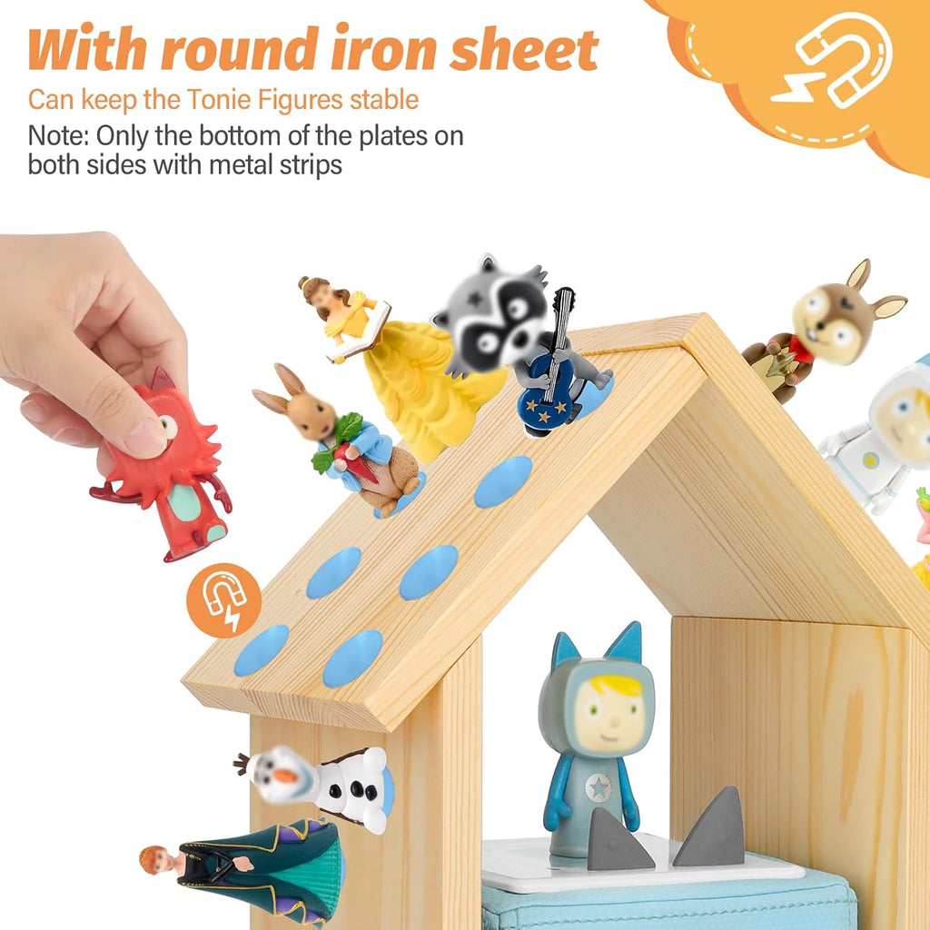 for TonieBox 2/1 Tonies Figures Characters Shelf with 35Pcs Adhesive Metal Plate for Creative Tonie Box Magnetic Storage Wooden Shelf for Kids (Natural)