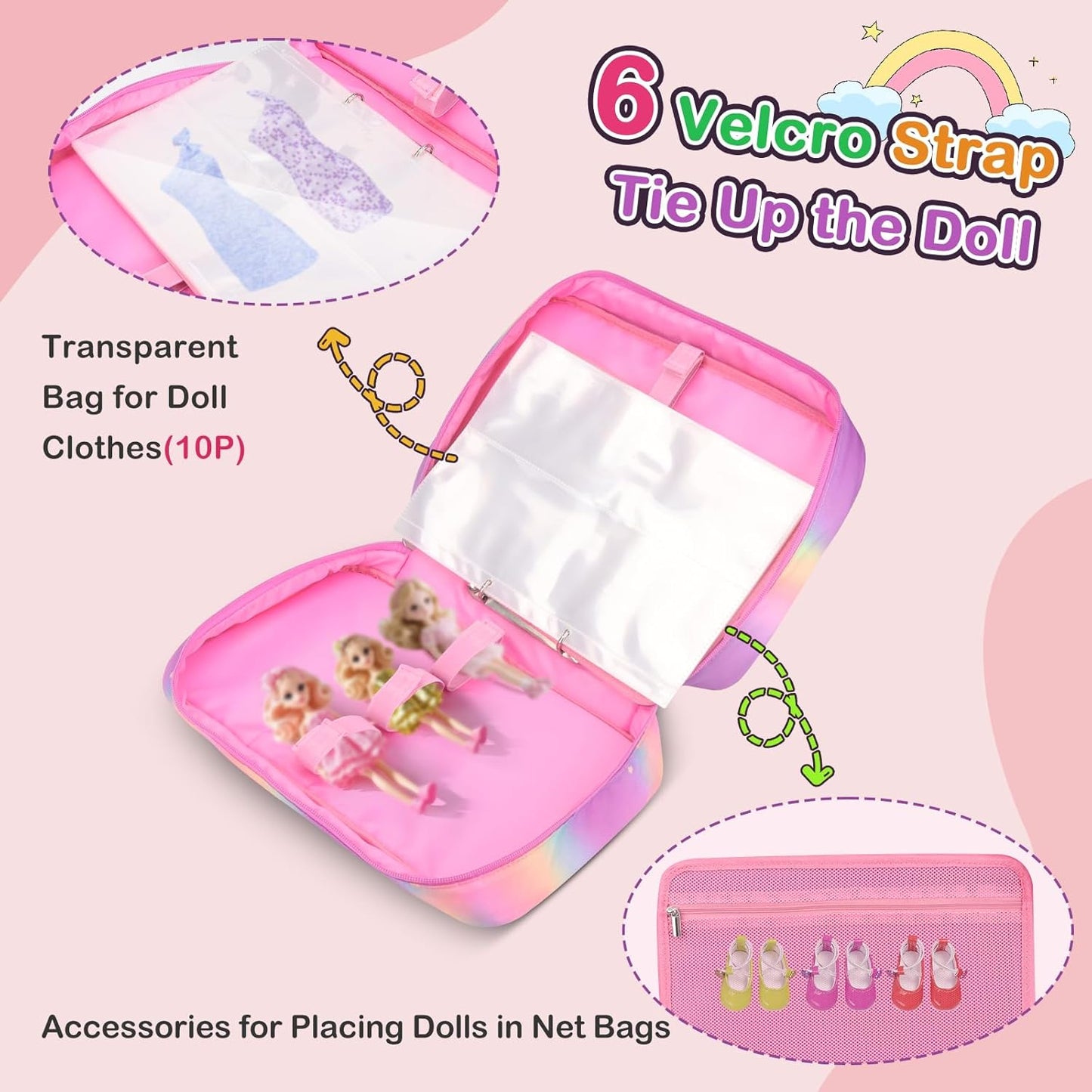 Doll Carrying Case – Rainbow | Holds 6 Dolls & Accessories with Secure Straps