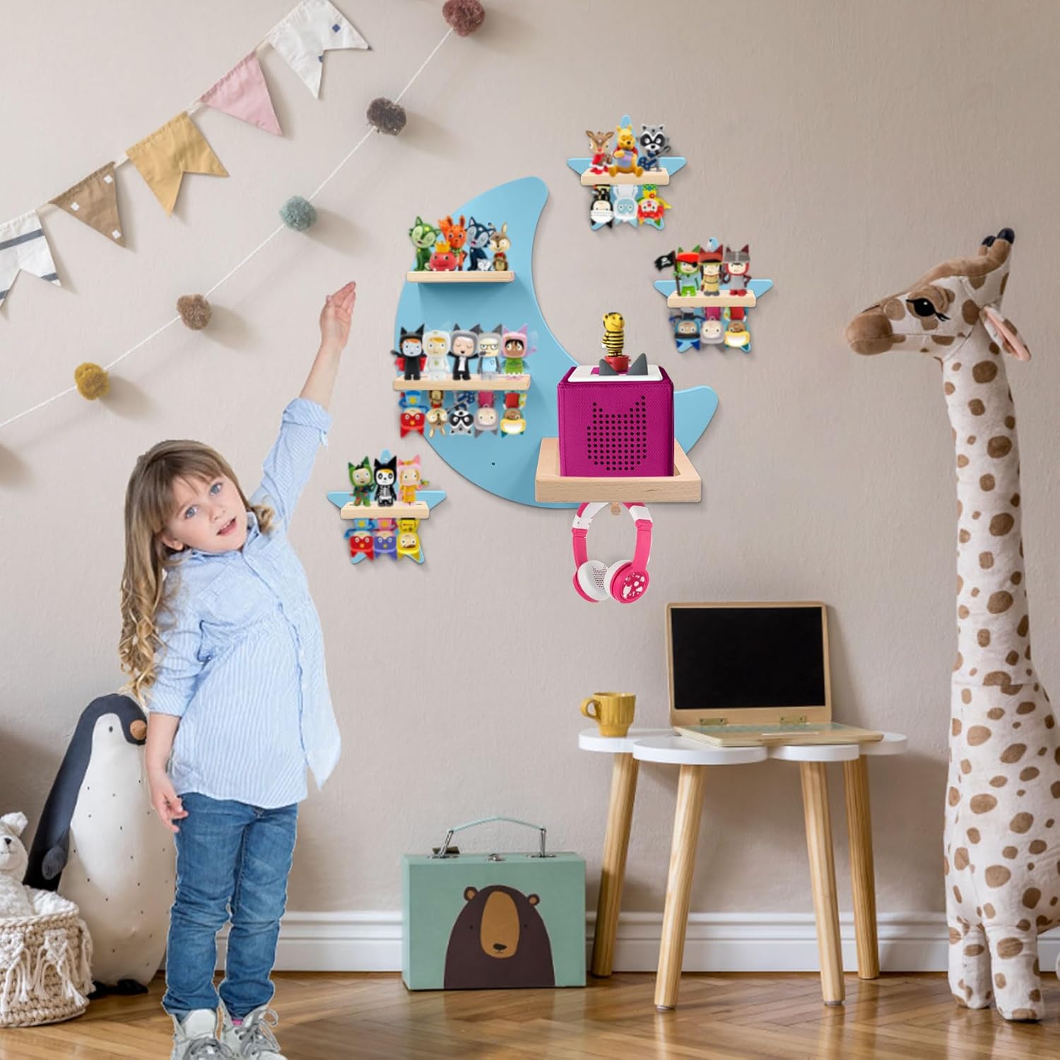 Shelf and Carrying Case for TonieBox 2/1 and Tonie (Bag,Moon and 3 Stars) ,Tonies Figures Tonies Storage,Magnetic Wooden Floating Shelves Compatible with Tonie box Player Character for Children Room
