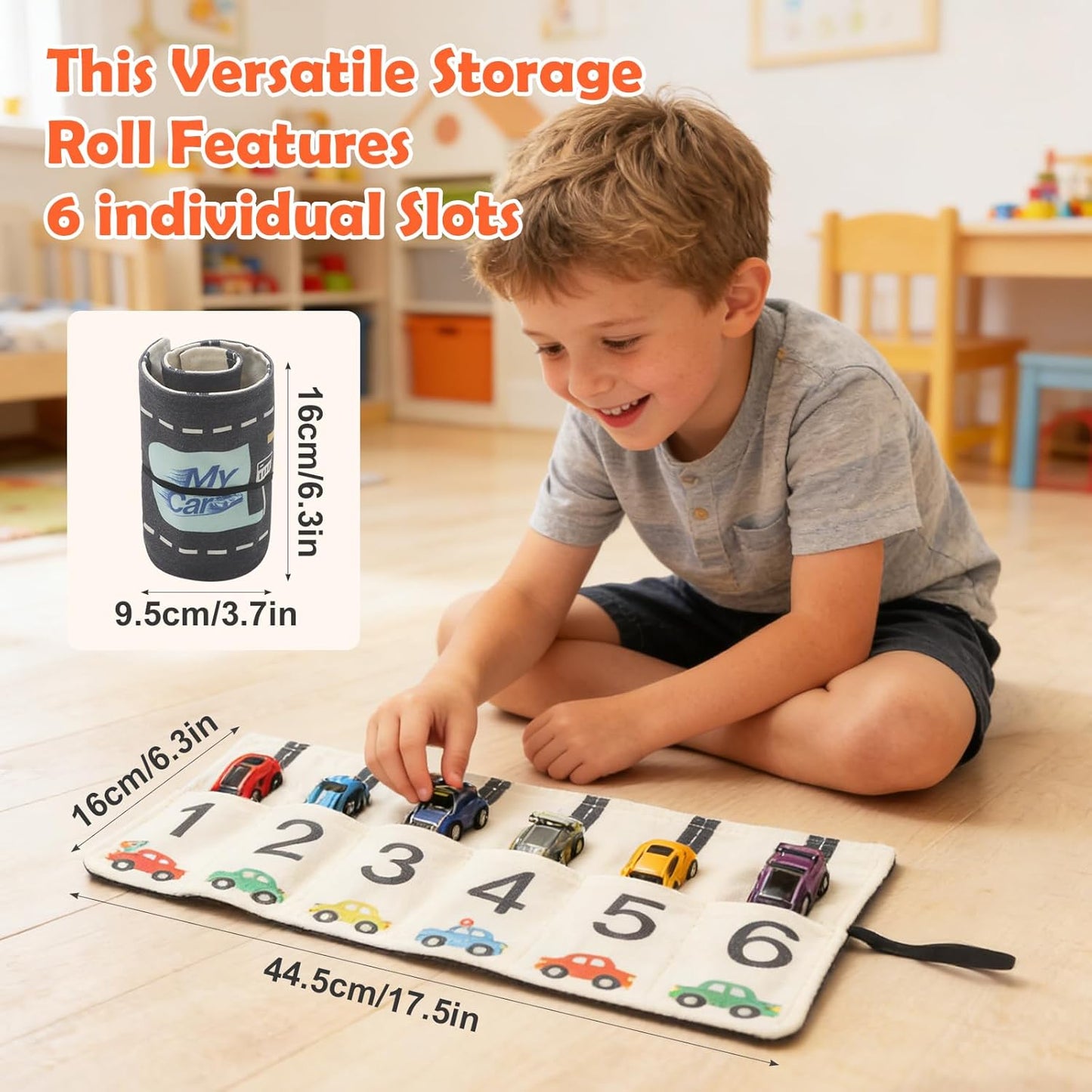 Portable Toy Car Storage Roll & Play Mat – Travel Carrier for 6 Small Cars