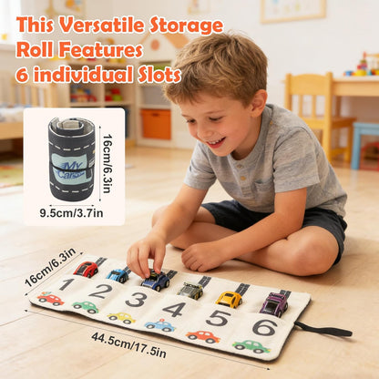 Portable Toy Car Storage Roll & Play Mat – Travel Carrier for 6 Small Cars