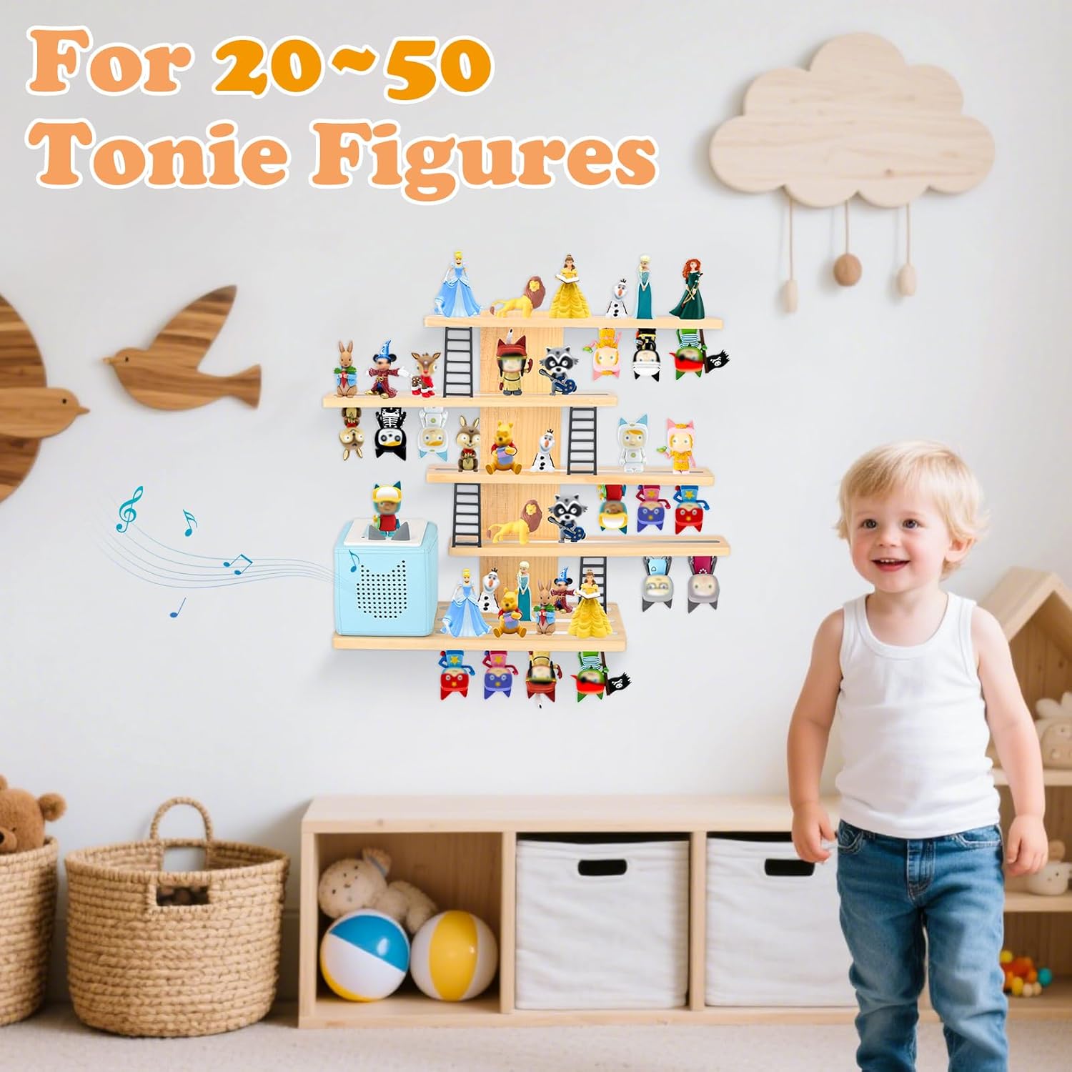for Tonie Box Shelf,Tonies Storage for Creative Tonies Magnetic Wall Shelf for Toniebox Tonie Figures,15-40 Characters,Wooden Hanging Shelf for Kids