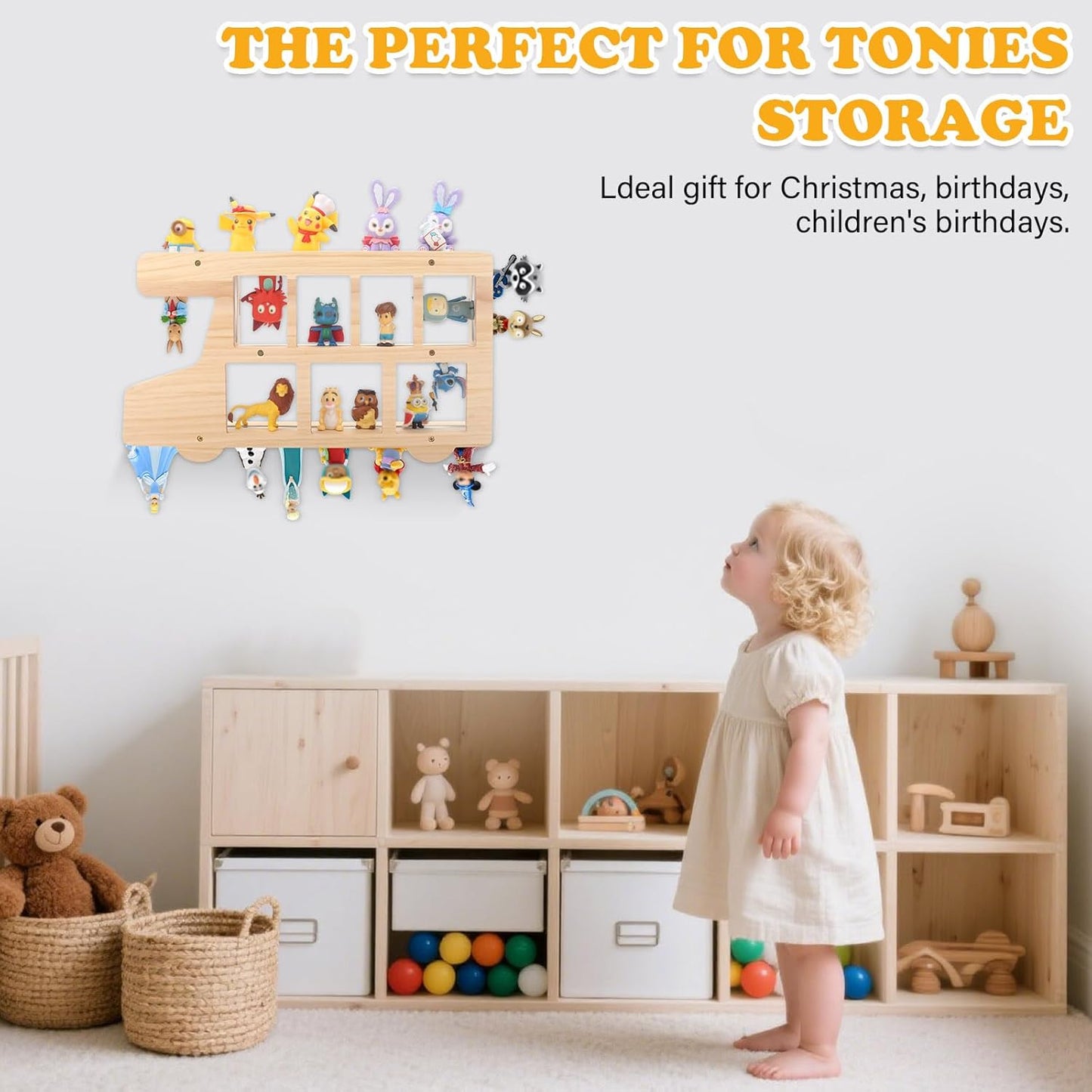 Compatible with Tonies Wooden Bus Shelf – Wall Mounted, Holds 15–25 Figures