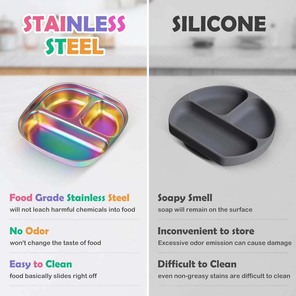 Stainless Steel Kids Plates, Kids Toddlers Babies Tray, Balanced Bites Divided Plates for Toddlers, BPA Free, Portion Control Plate, Dinner Snack, 3 Compartment Plate