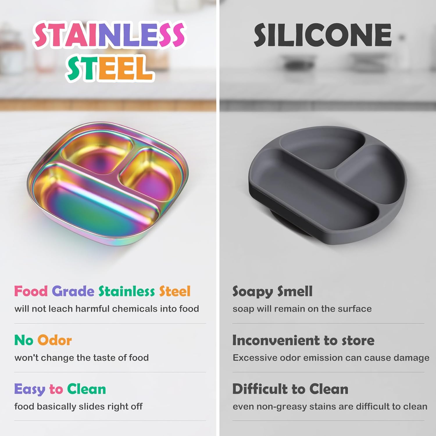 Stainless Steel Kids Plates, Kids Toddlers Babies Tray, Balanced Bites Divided Plates for Toddlers, BPA Free, Portion Control Plate, Dinner Snack, 3 Compartment Plate