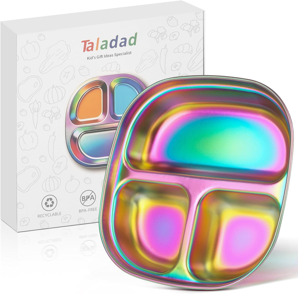 Stainless Steel Kids Plates, Kids Toddlers Babies Tray, Balanced Bites Divided Plates for Toddlers, BPA Free, Portion Control Plate, Dinner Snack, 3 Compartment Plate