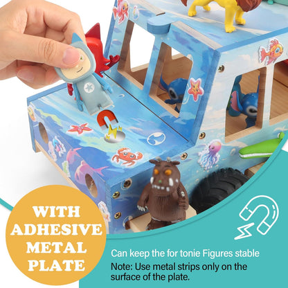 Kompatibel mit Tonies Holz-Ozean-Autoregal – Rollendes Display, fasst 15–25 Figuren, inklusive 35 Metallplatten + 3 Aufkleber