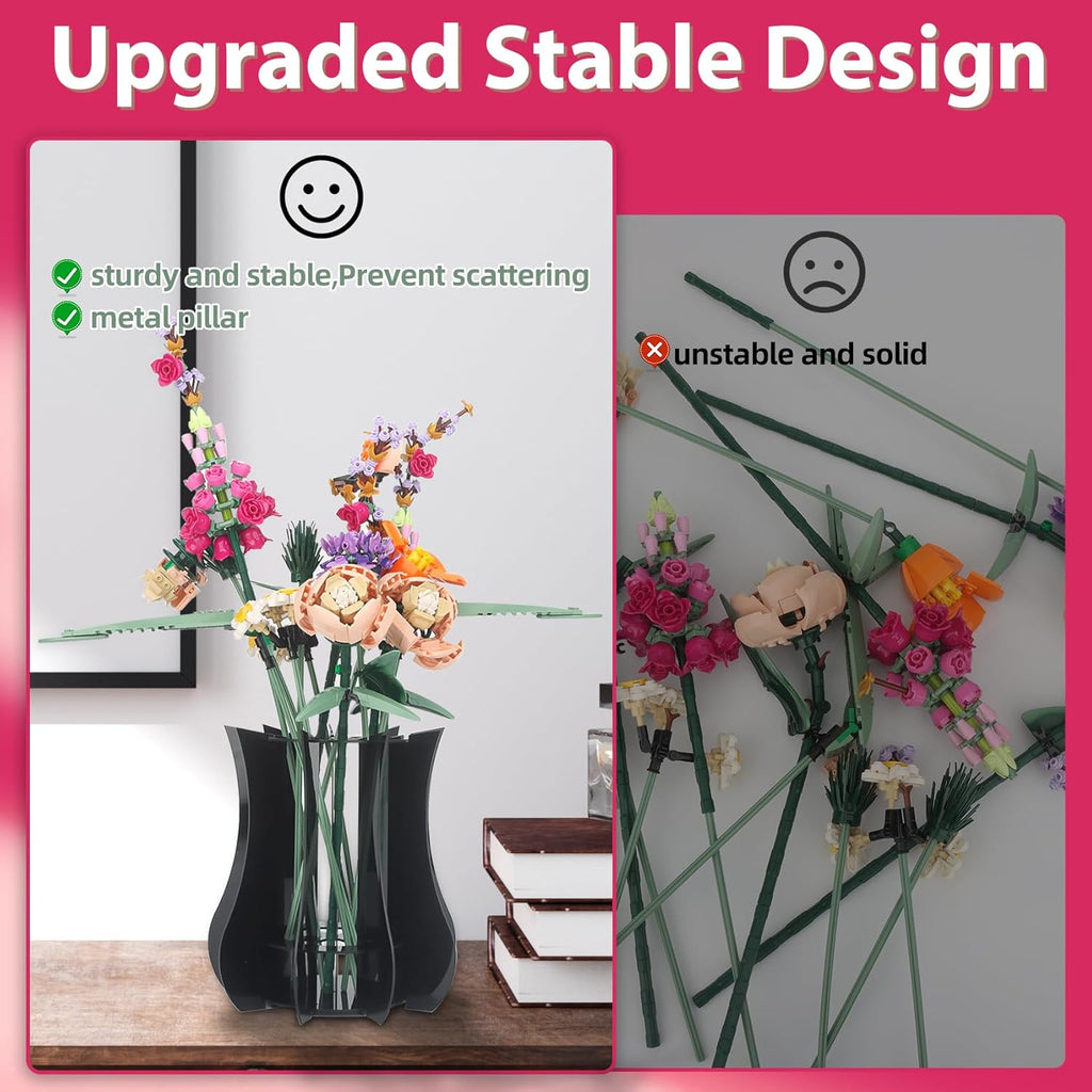 Vase Holder fit for Lego Flowers Bouquet - Acrylic Puzzle Vase fit for Lego Botanical Collection Building Set, Adult Gift Display Stand for Roses Orchid Sunflower Tulips Daffodils Lotus (Black)